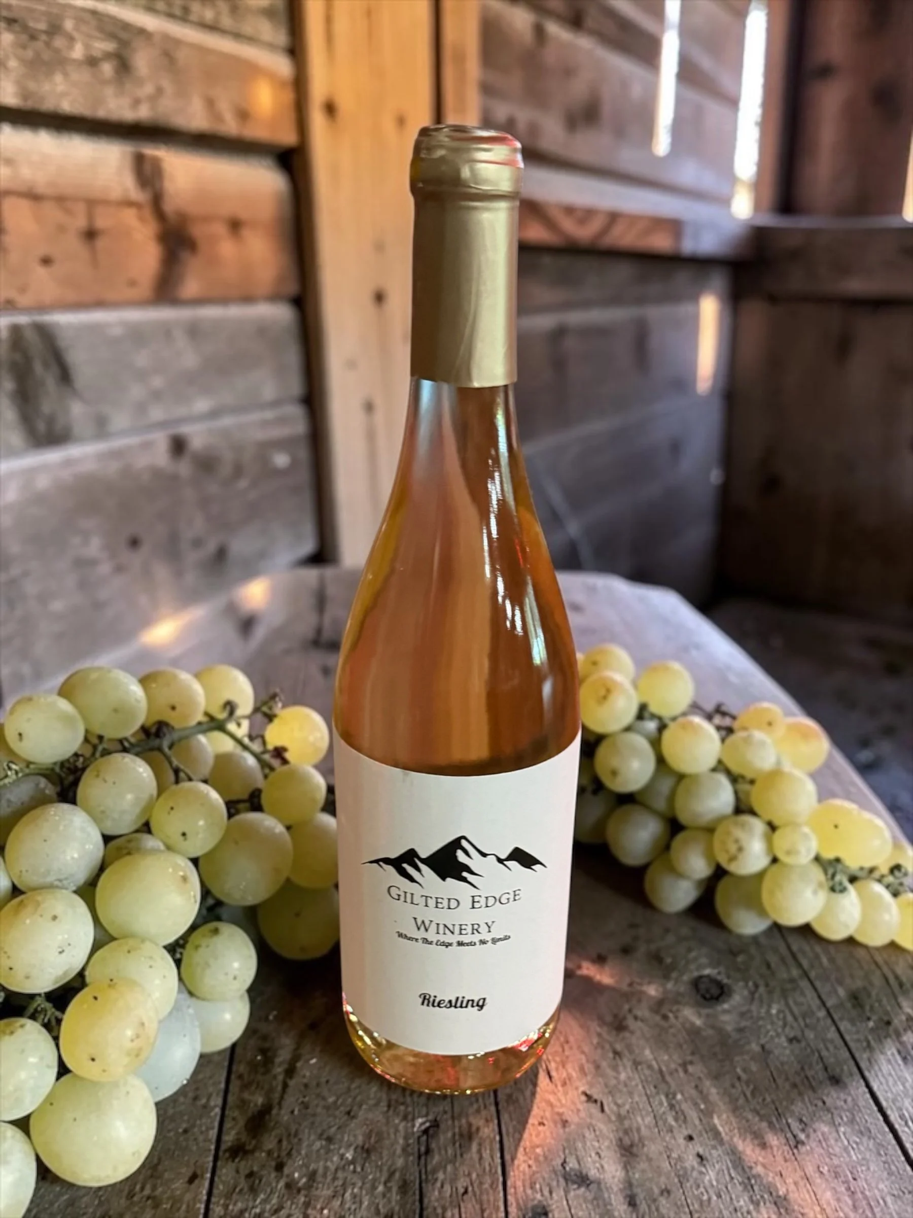 A bottle of Riesling wine from Gilded Edge Winery on a rustic wooden surface, surrounded by bunches of green grapes.