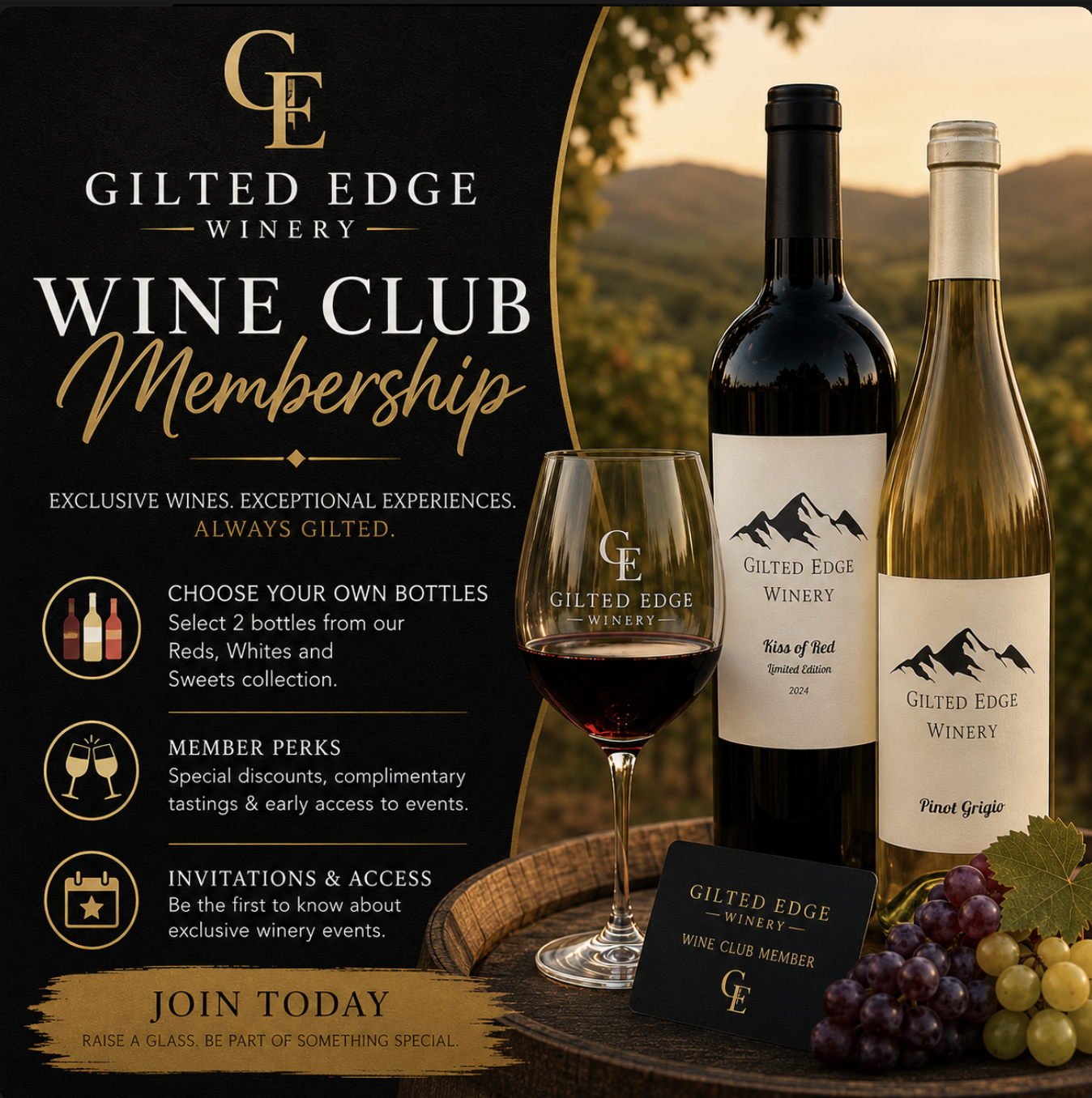 Promotional flyer for Gilded Edge Winery wine club membership featuring bottles of red and white wine, a wine glass filled with red wine, a grapes bunch, and membership details.