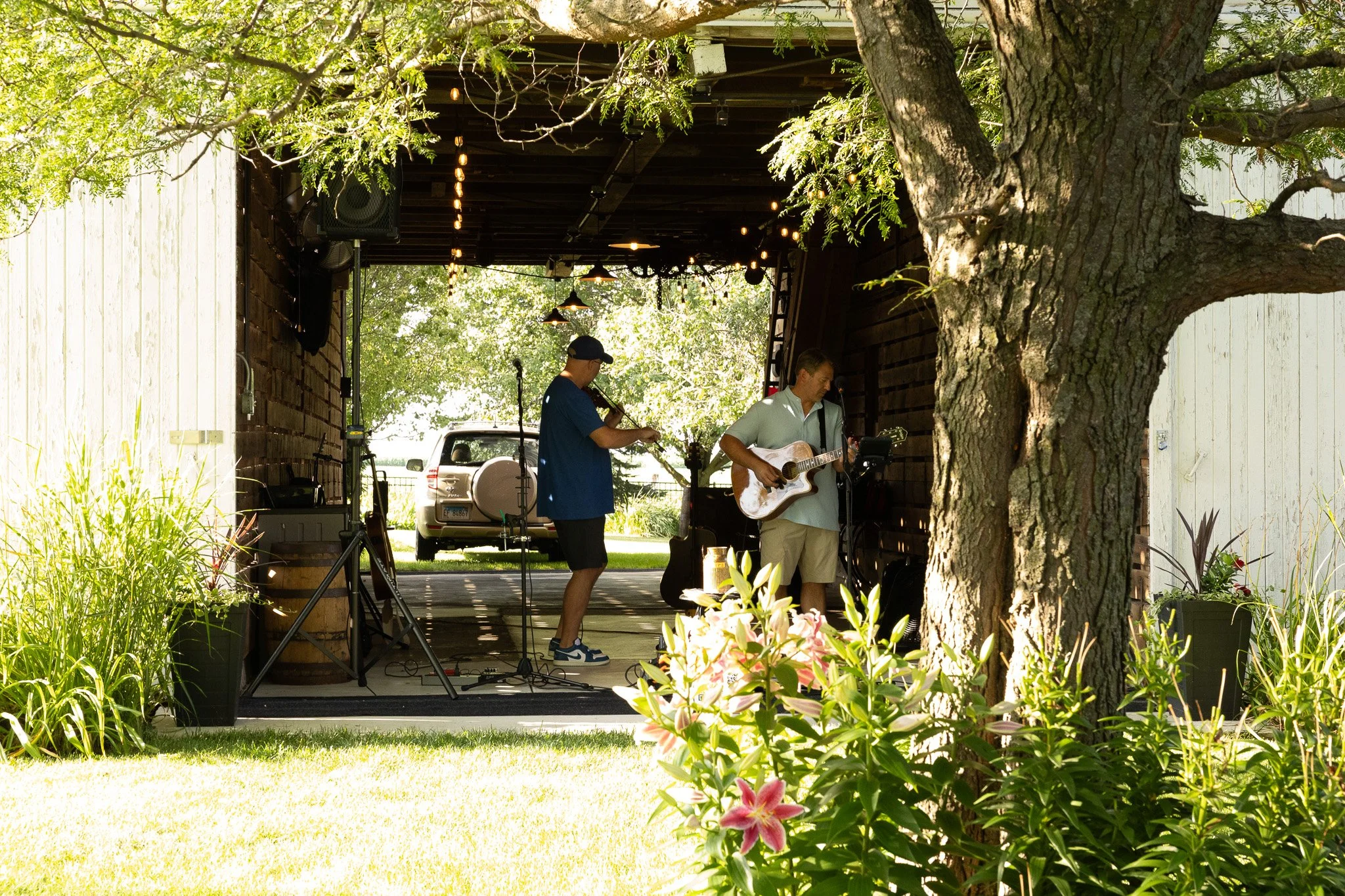 Two musicians performing on an outdoor stage with a large tree and greenery in the foreground and background, and a parked vehicle visible behind the stage.