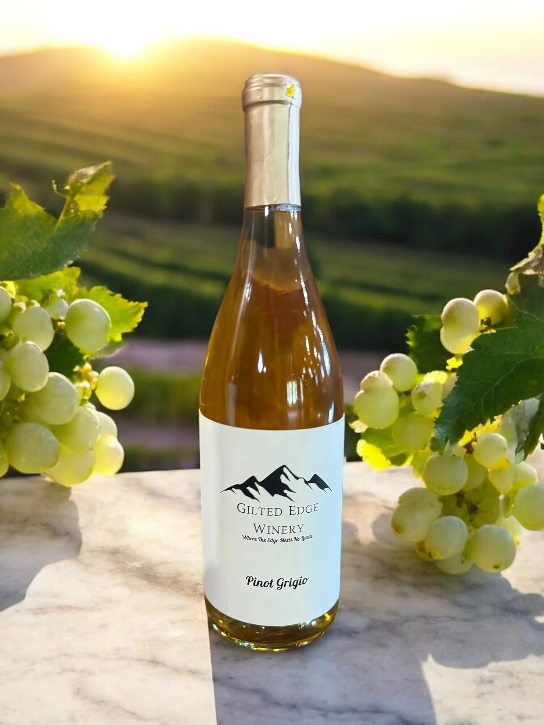 A bottle of white wine labeled Gilt Edge Winery, Pinot Grigio, with green grape bunches on either side. The background shows a landscape with hills and a sunset.