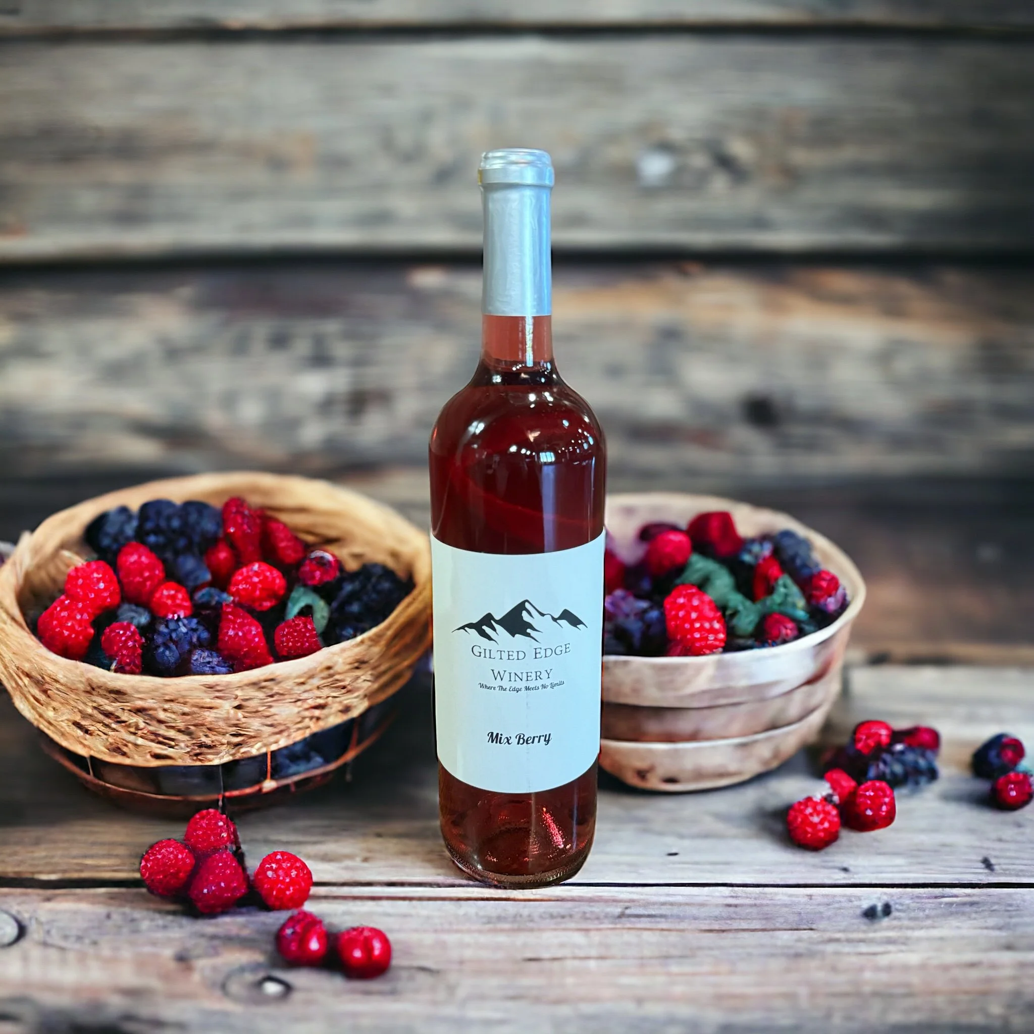 A small bottle of red wine with a mountain logo and a white label reading 'Gilded Edge Winery' placed on a rustic wooden surface, surrounded by a basket of mixed berries including raspberries and blackberries, with some berries spilled around.