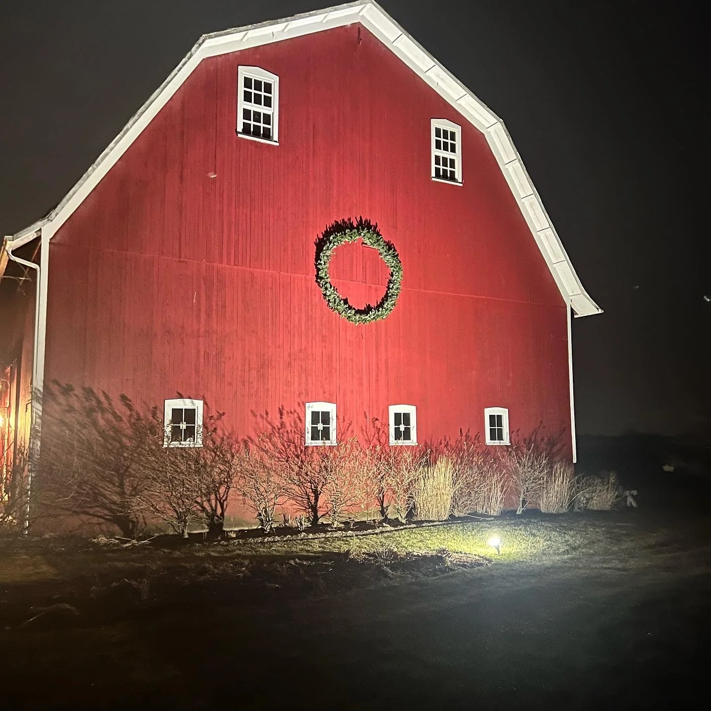 Night view of a large red barn decorated with a Christmas wreath on the front. Gilted Edge Winery Tasting Room
