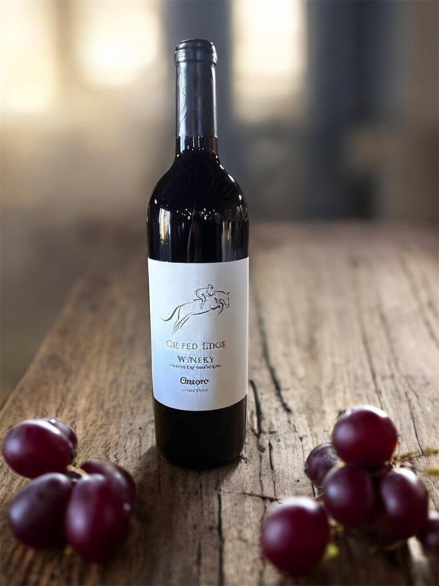 A bottle of red wine sits on a wooden table, surrounded by a circle of red grapes.
