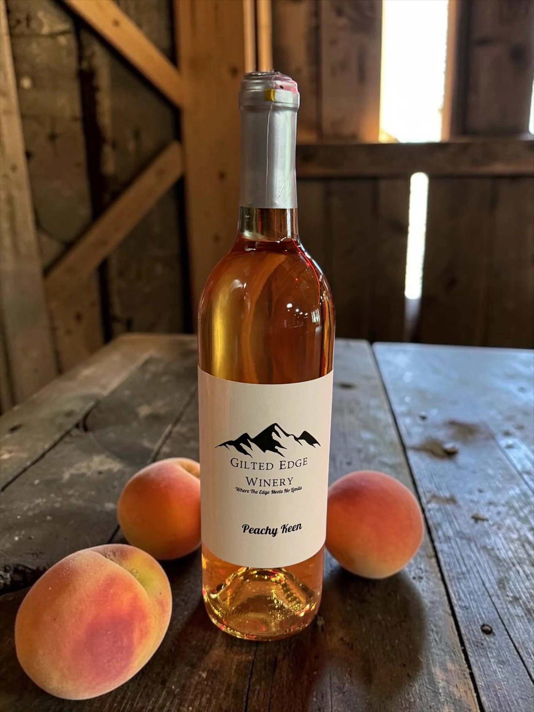 A bottle of Peachy Keen wine from Gilded Edge Winery, surrounded by five peaches on a wooden surface in a rustic setting with wooden walls and natural light.