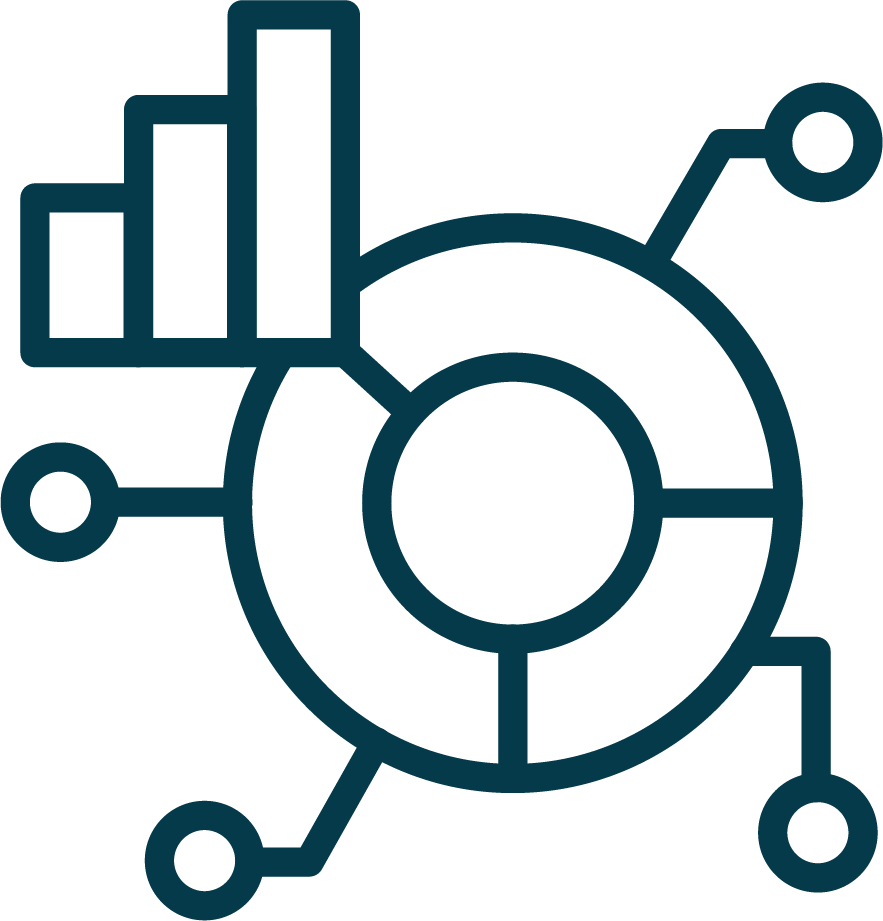 A digital illustration of a bar chart and a pie chart connected by lines, representing data analysis or statistics.