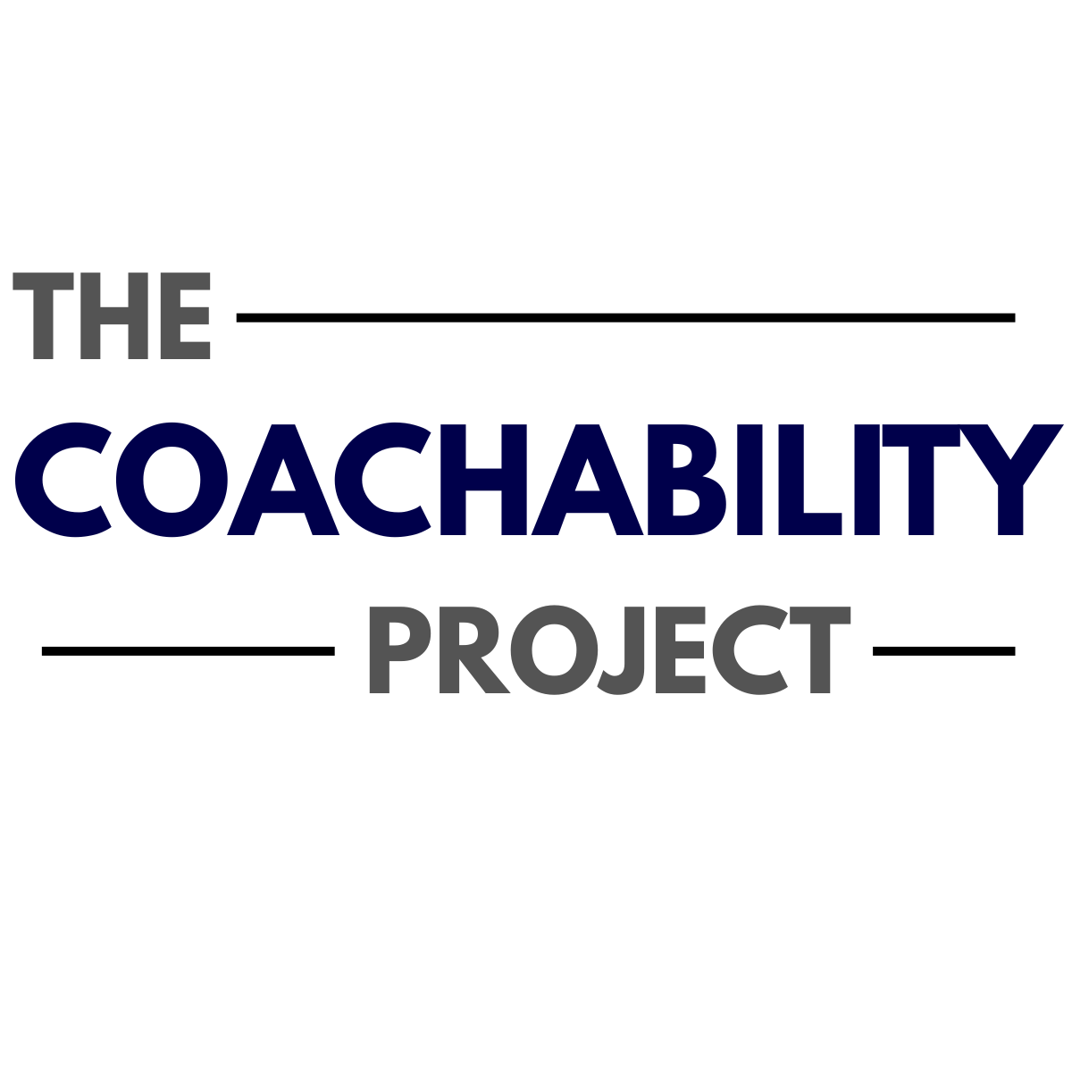 Logo for The Coachability Project with bold text in black and navy blue, featuring lines to separate words.