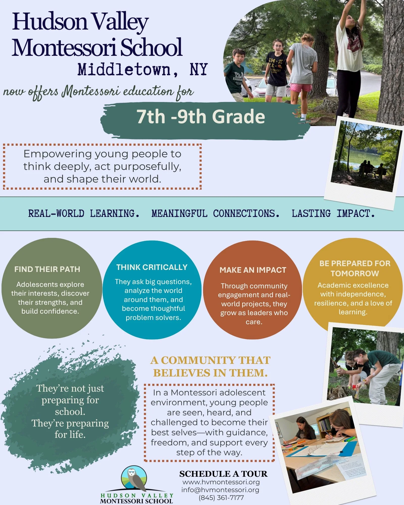 If you're looking for education options for your adolescent, consider a Montessori environment. Partial scholarships are now available for secondary level students.

We currently go up to 9th grade, and will be adding a grade each year, going to 12th