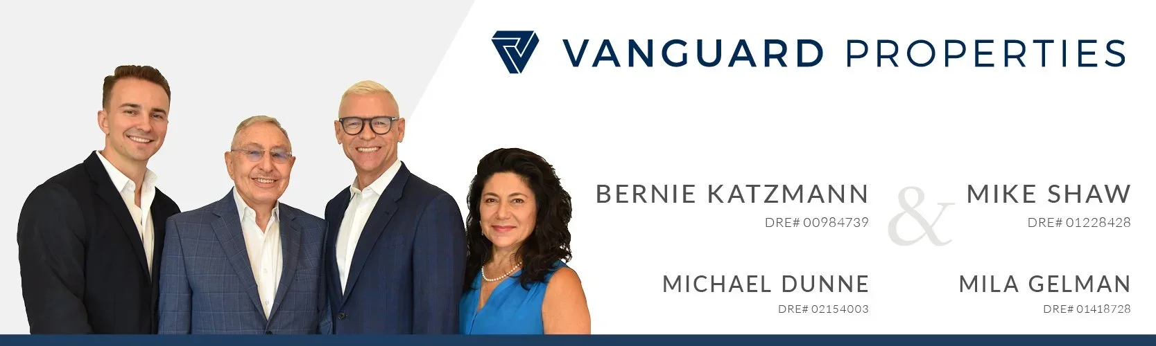 A professional group photo of five individuals in business attire, standing side by side, with the Vanguard Properties logo and names of Bernie Katzmann, Mike Shaw, Michael Dunne, and Mila Gelman displayed on the right side.