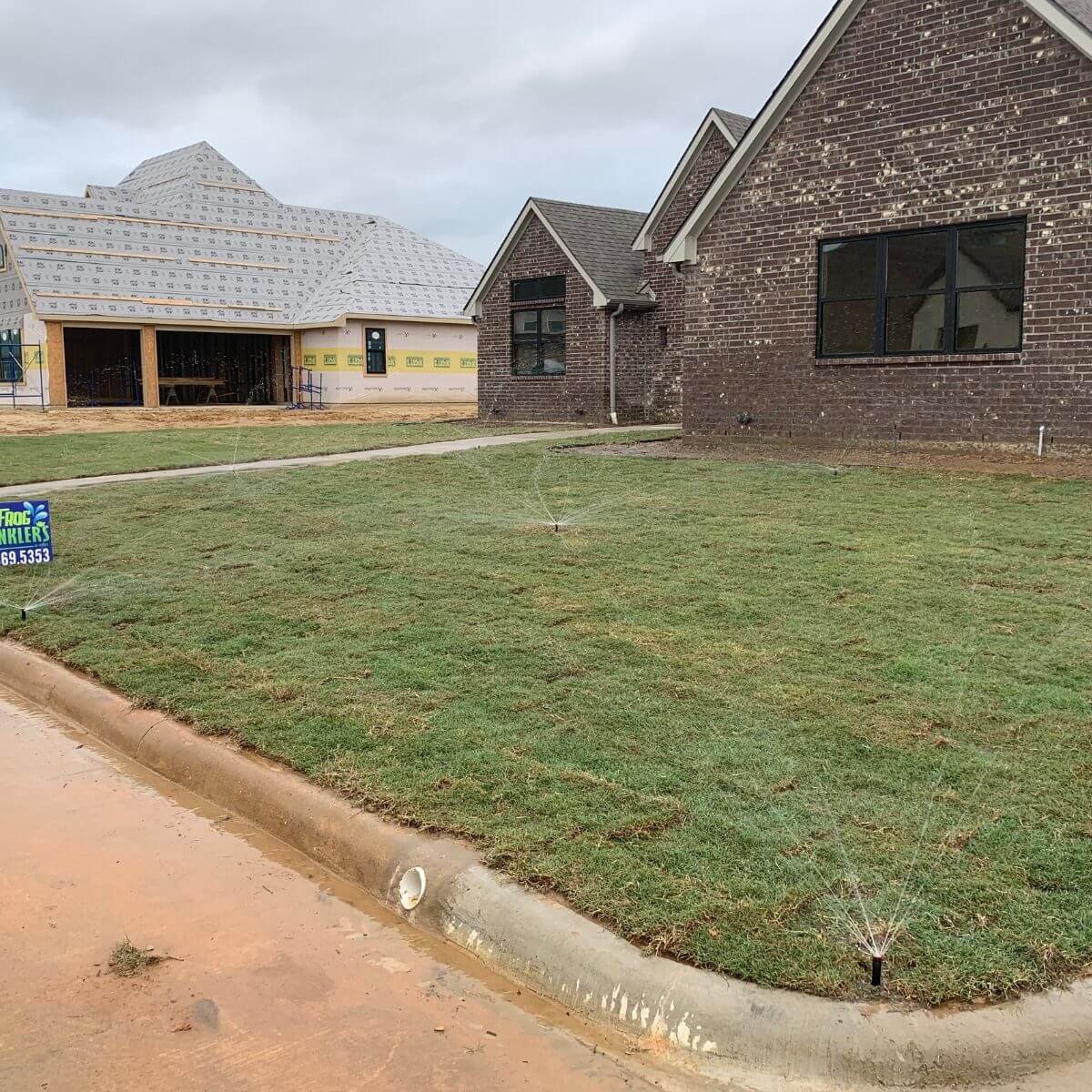Newly planted grass in front of brick houses under construction, with sprinklers watering the lawn during cloudy weather.