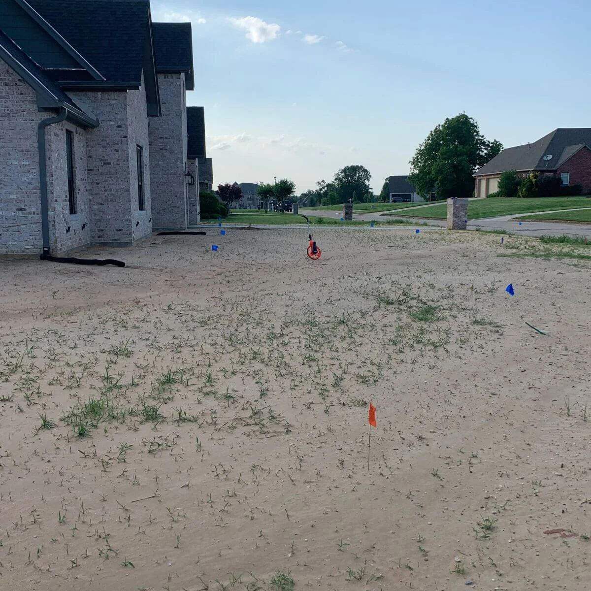 Empty sandy yard in a suburban neighborhood with sparse grass, blue flags marking spots, and a small orange flag in the foreground prepping for sprinkler installation.
