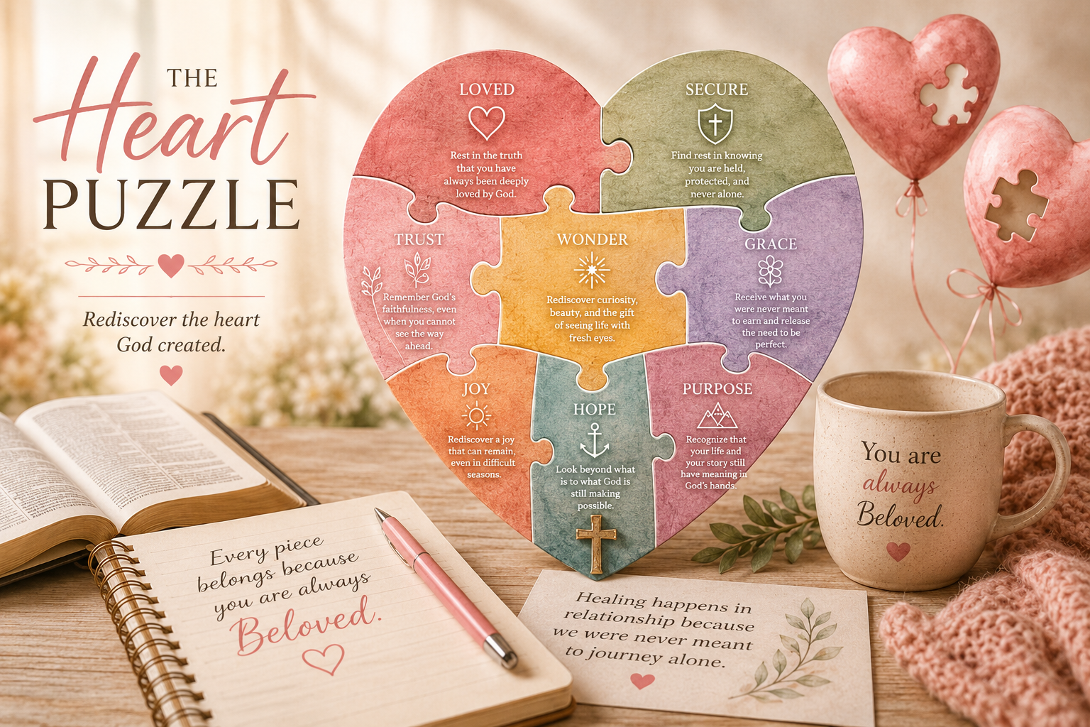 Pastel heart-shaped puzzle representing the eight Heart Pieces: Loved, Trust, Secure, Wonder, Hope, Grace, Joy, and Purpose.