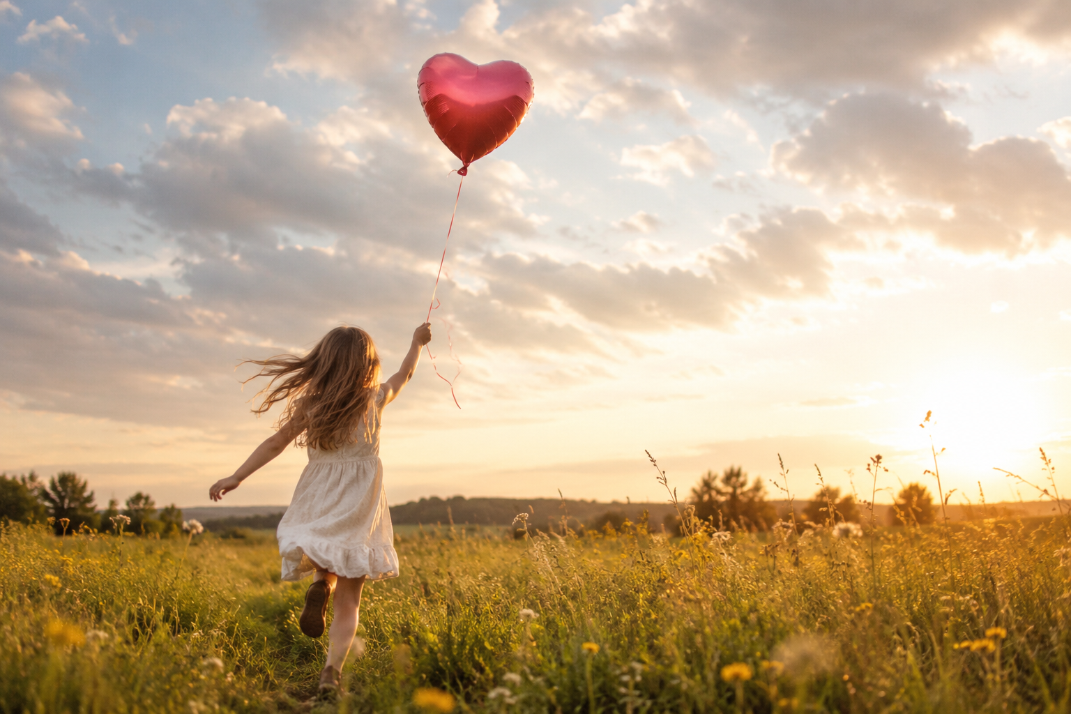 A young girl in a white dress running through a field of wildflowers during sunset, holding a pink heart-shaped balloon.
