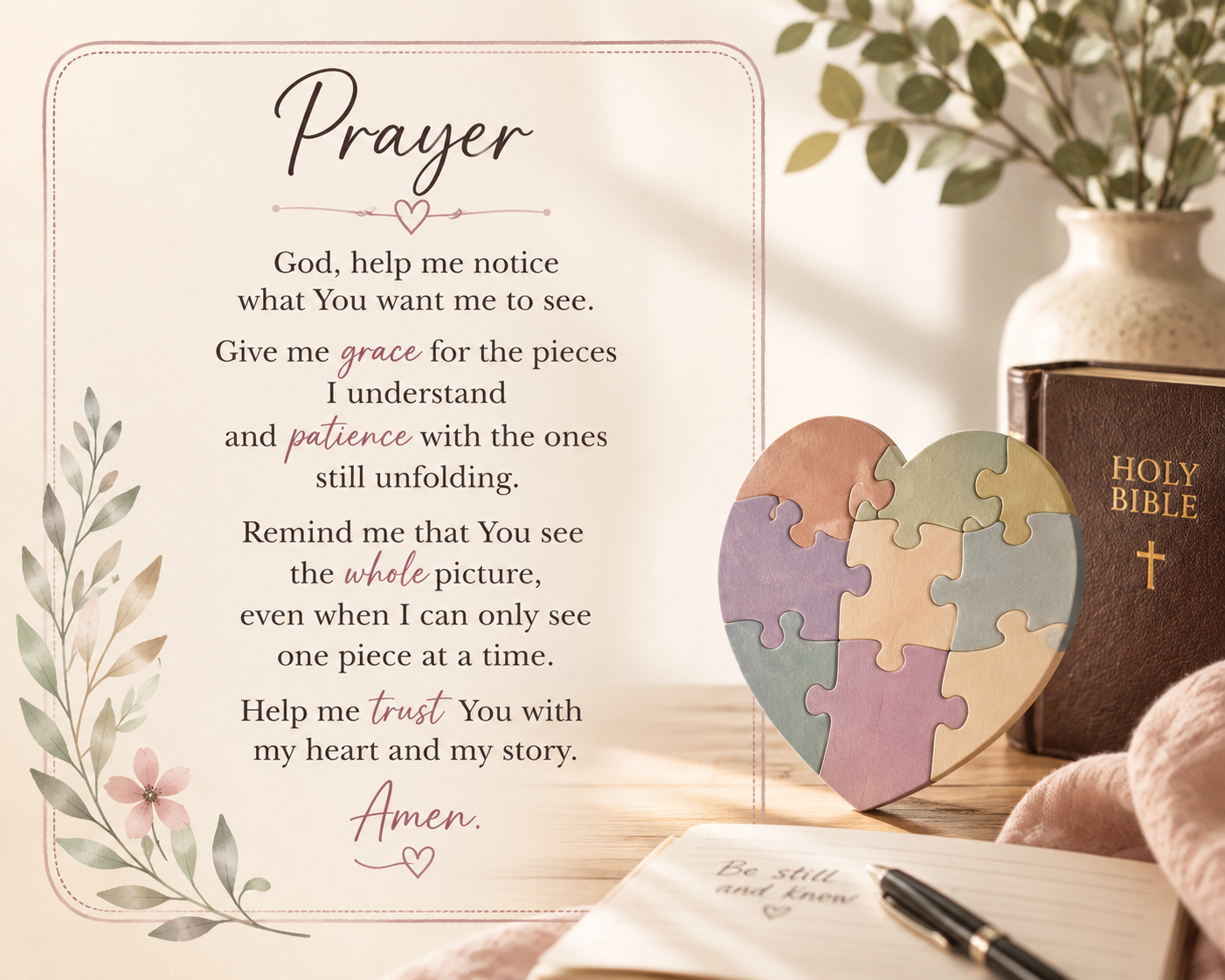 Prayer card inviting God to help us notice what He wants us to see, give grace for the pieces we do not understand, and guide us with love.