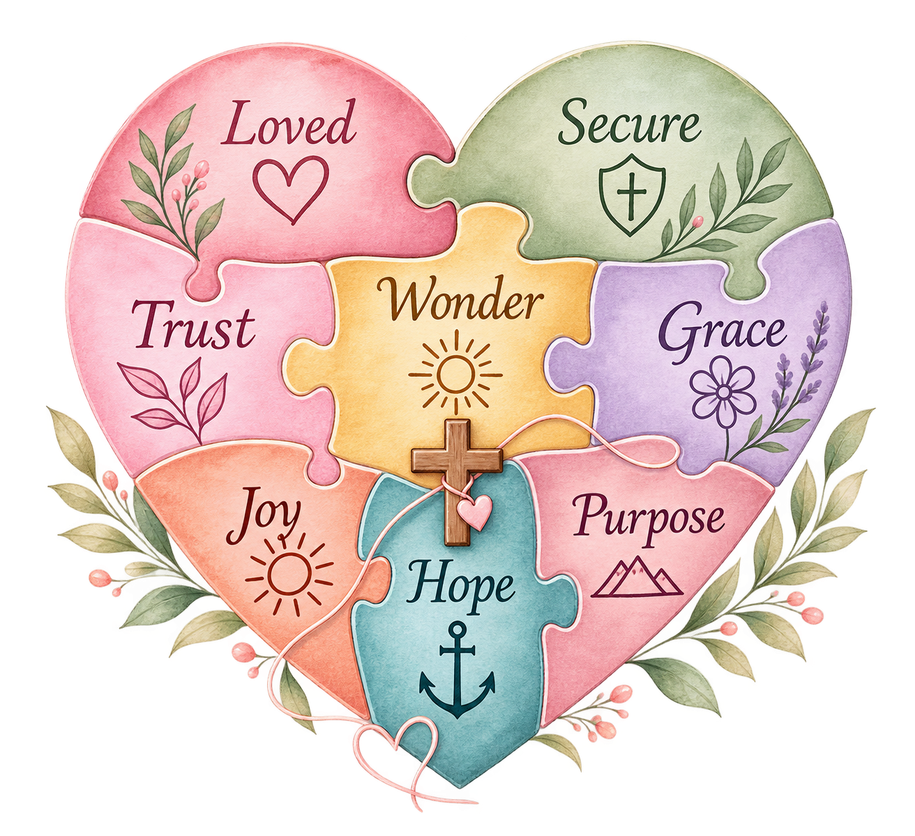 Colorful heart-shaped puzzle with a small cross, representing faith, healing, and the pieces of our stories coming together in Christ.
