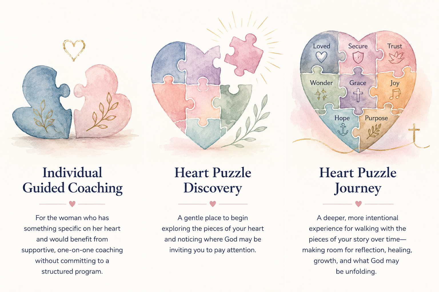 Three watercolor illustrations representing Individual Guided Coaching, Heart Puzzle Discovery, and Heart Puzzle Journey.