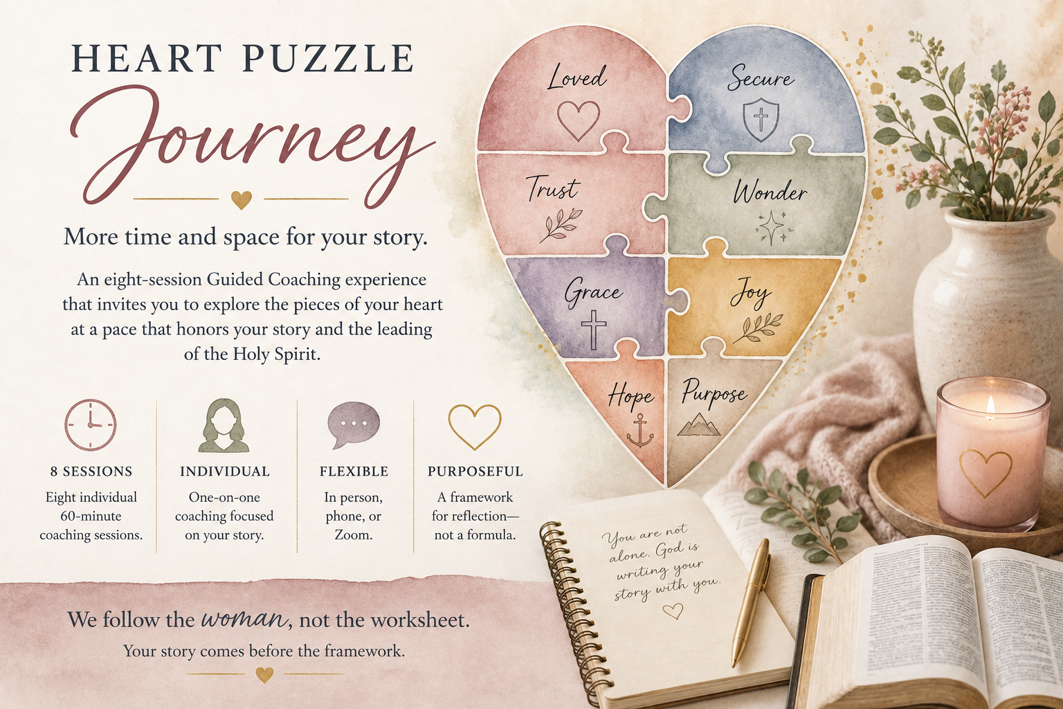 Heart Puzzle Journey, an eight-session Christ-centered Guided Coaching experience offering time and space to explore your story through the eight Heart Pieces.