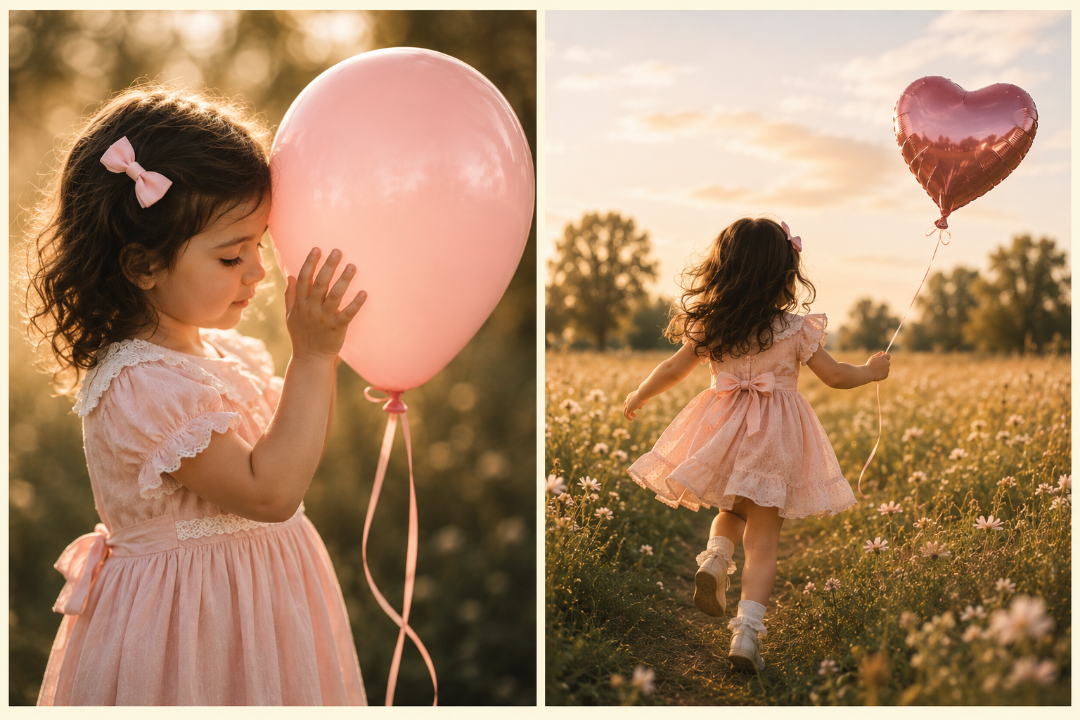 Young girl running freely through a field with a pink balloon, representing childhood joy, trust, and freedom.