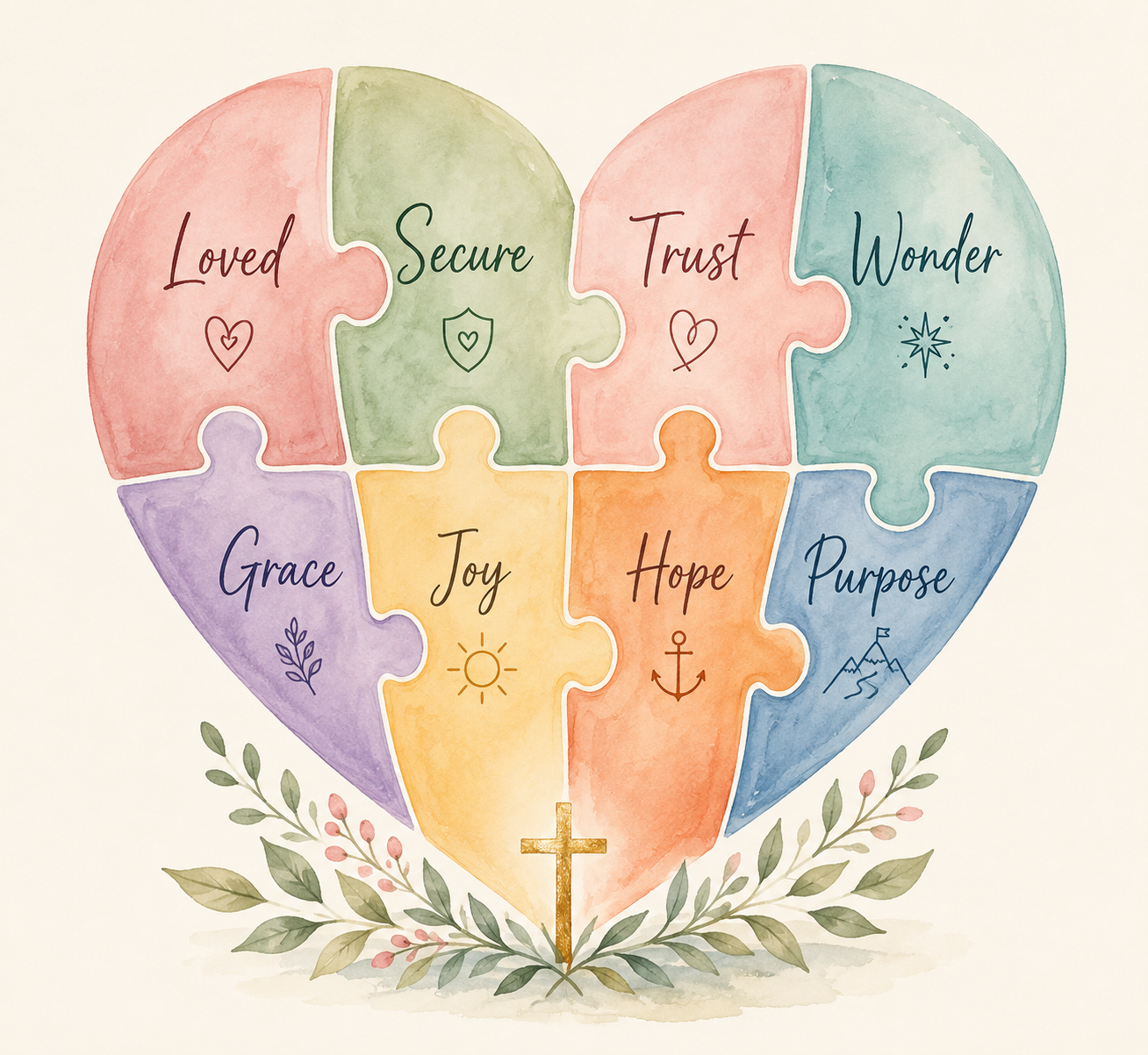 Watercolor heart-shaped puzzle representing the eight Heart Pieces: Loved, Trust, Secure, Wonder, Hope, Grace, Joy, and Purpose.