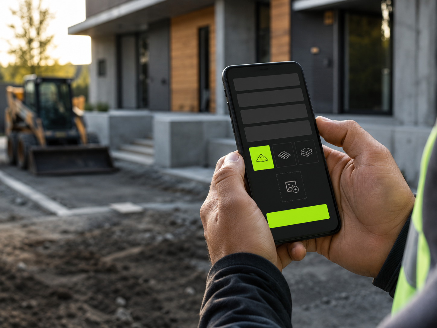 Person holding a smartphone with a construction app open, showing options for different construction materials, in front of a house under construction with a bulldozer in the background.