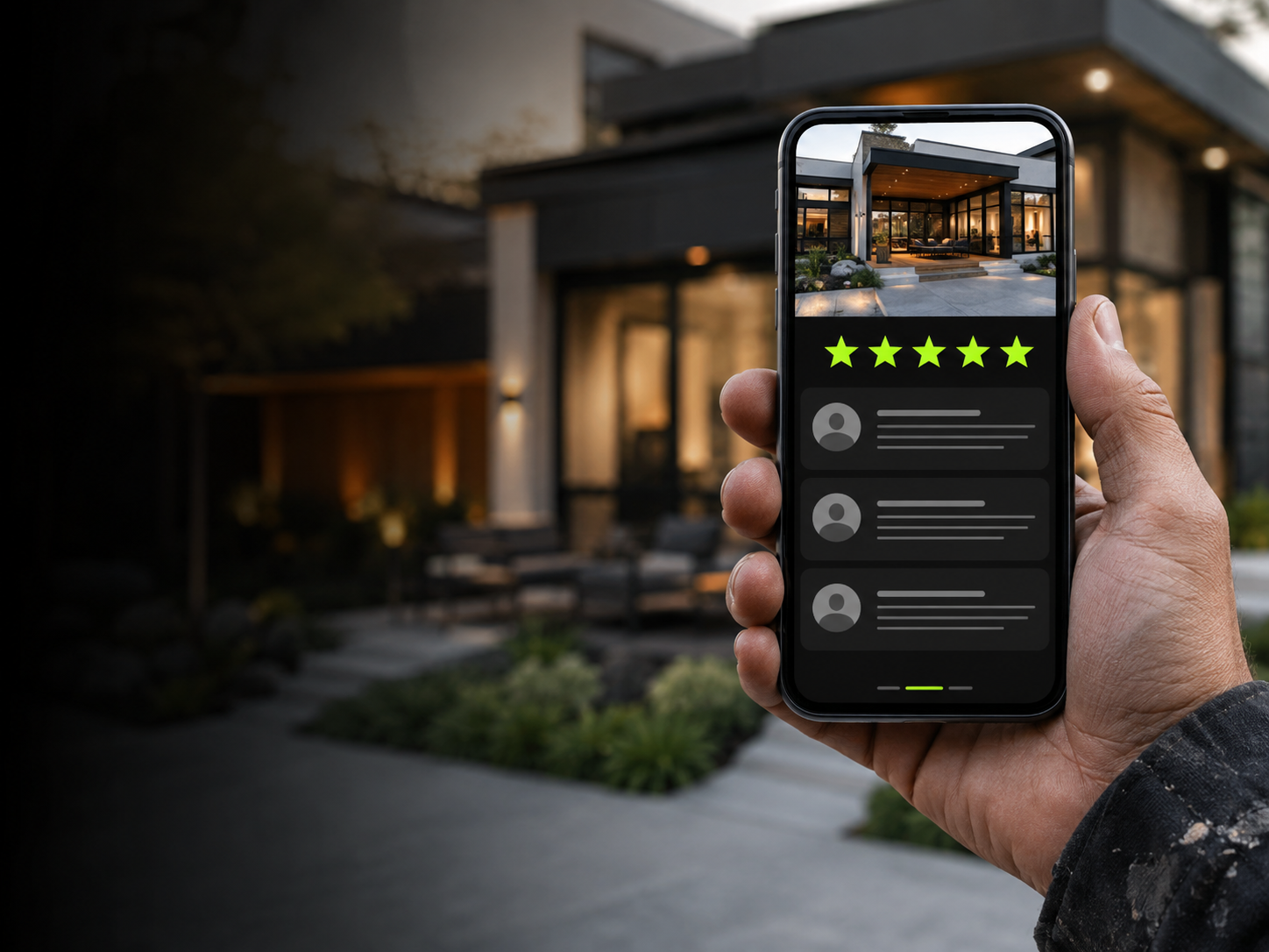 Person holding a smartphone displaying a five-star rating for a modern house at dusk, with a blurred background of a house and outdoor seating area.