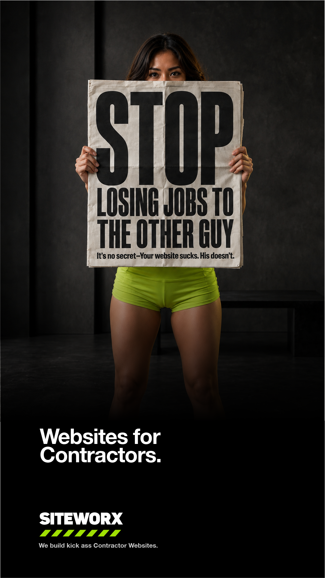 A woman with dark hair holding a crumpled newspaper sign that reads "STOP LOSING JOBS TO THE OTHER GUY." The woman is wearing bright yellow shorts and is standing against a dark background.