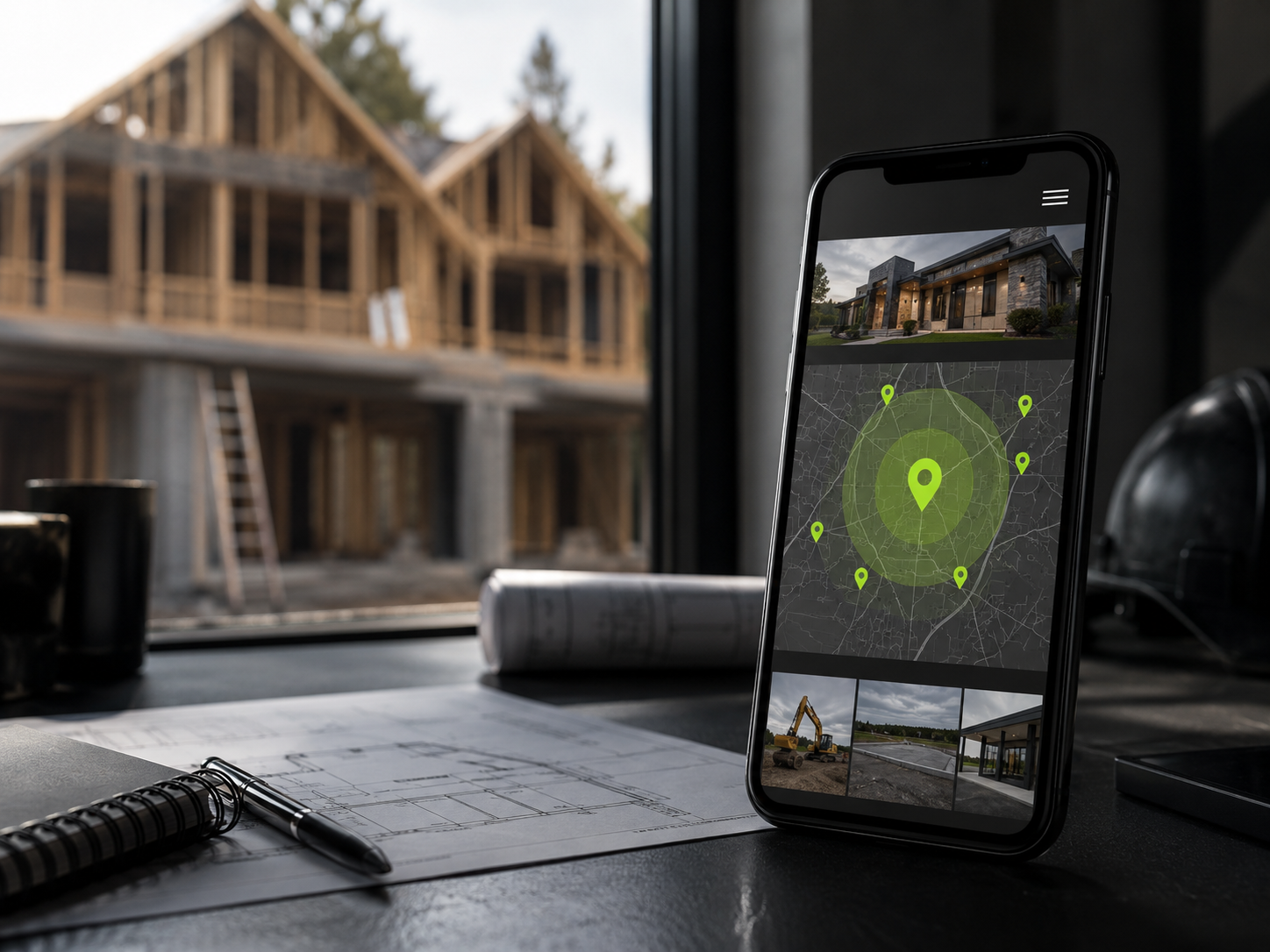 Construction site with a house under building, blueprints, a pen, and a smartphone showing a real estate app with a map and property photos.