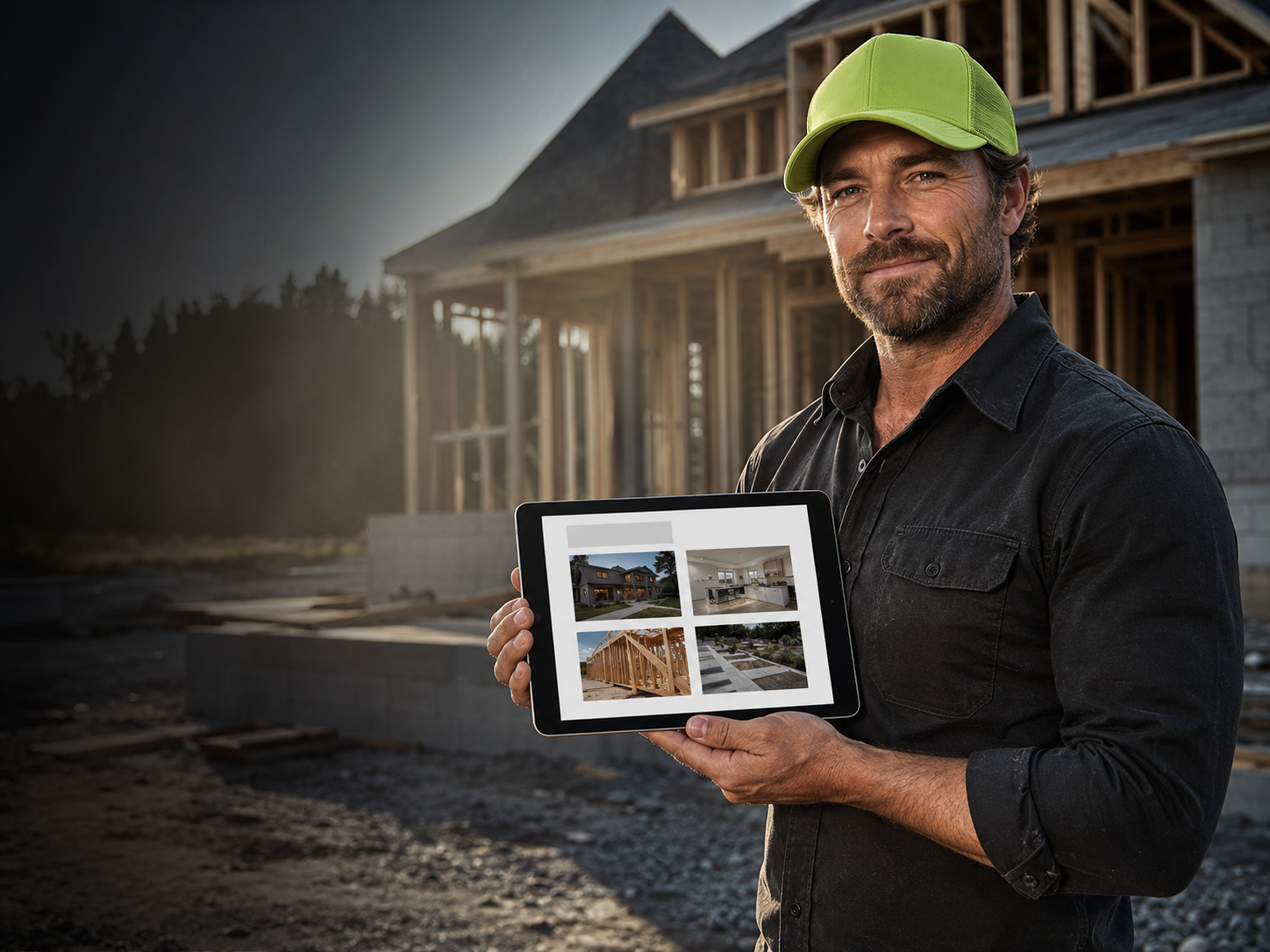 A man with a green cap and black shirt holding a tablet displaying house images at a construction site.