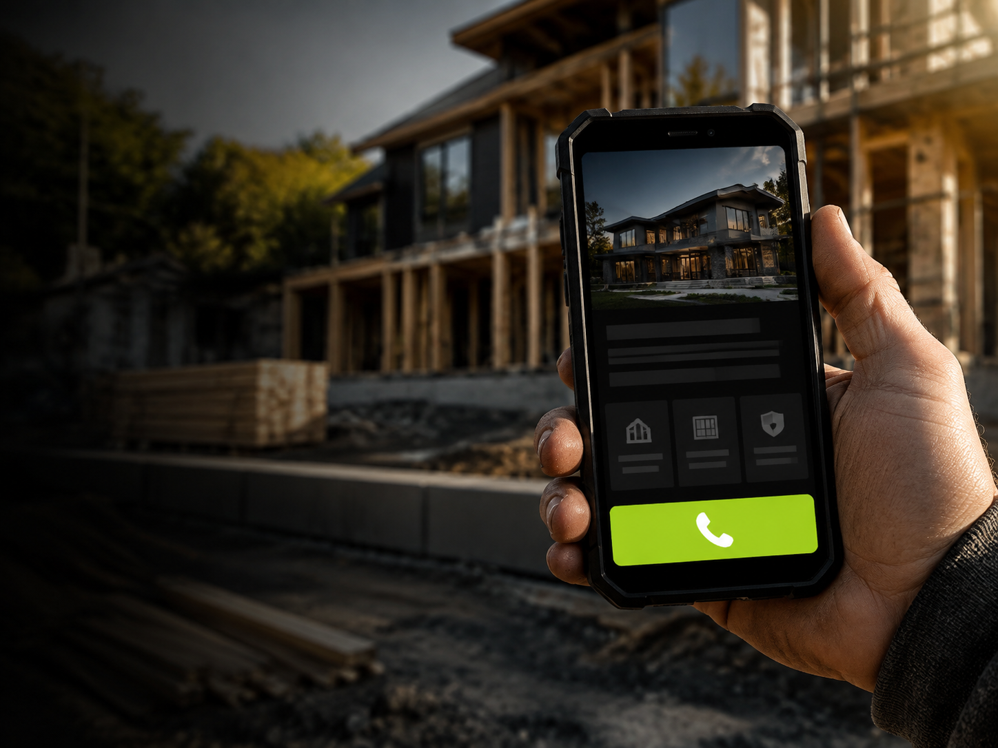 A person holding a smartphone with an active call screen in front of a construction site of a large, modern house. The house has multiple floors, large windows, and wooden frame structure, with trees in the background.