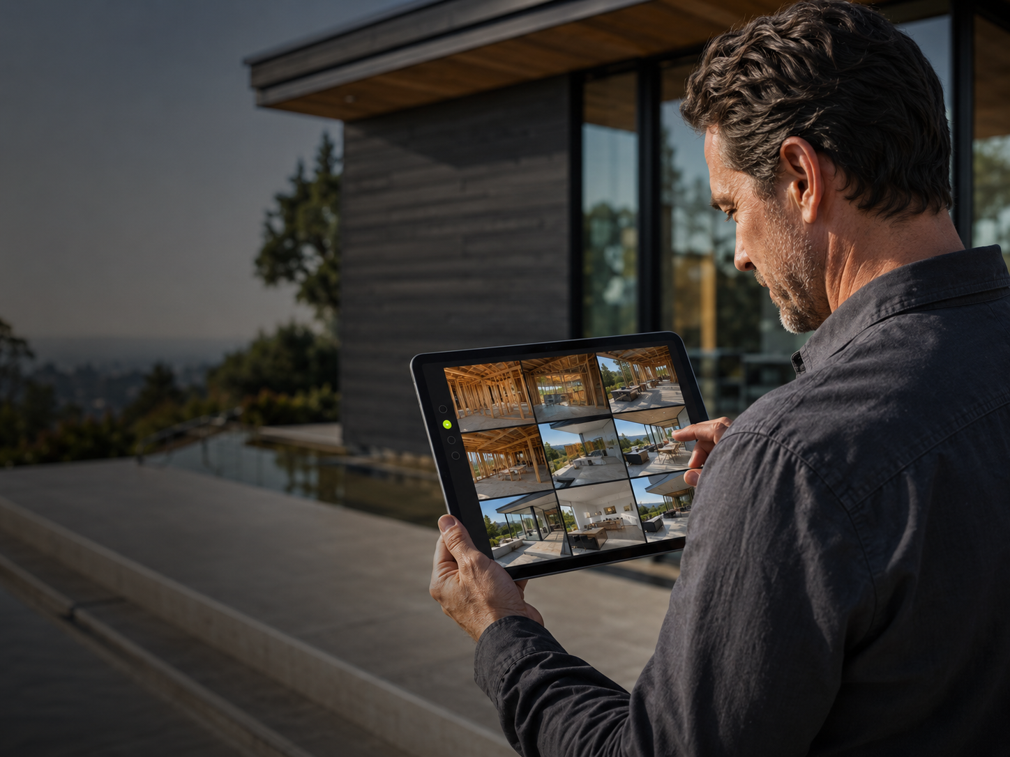 Man with gray hair and beard using a tablet to view pictures of house interiors and exteriors outside a modern house with large windows, wooden accents, and a pool, during daylight.