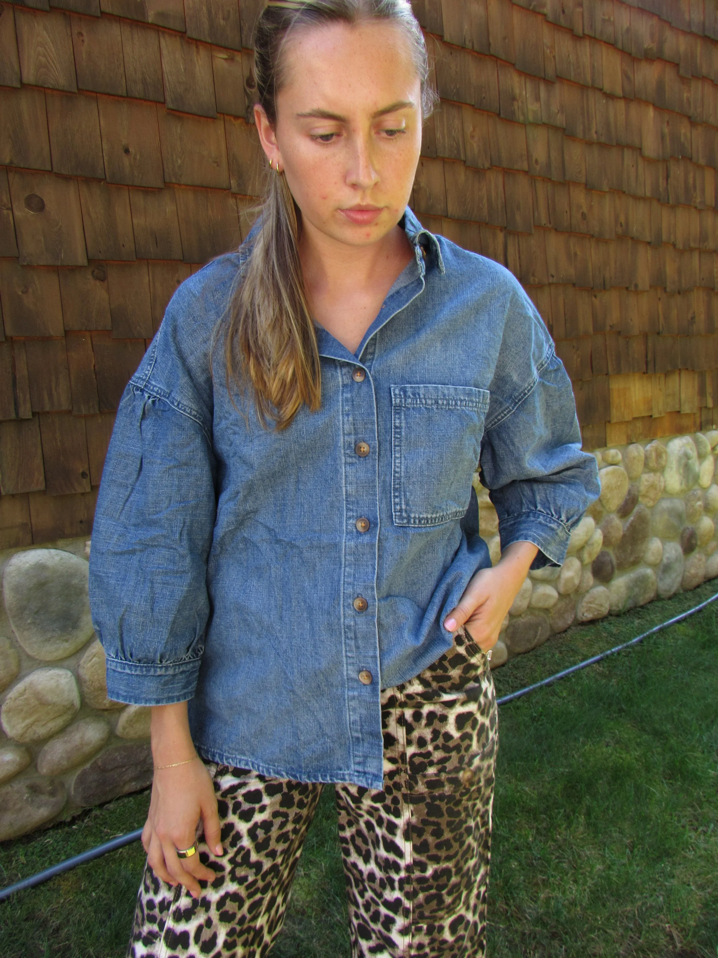 Denim Chest Pocket 3/4 Sleeve Loose Buttoned Shirt