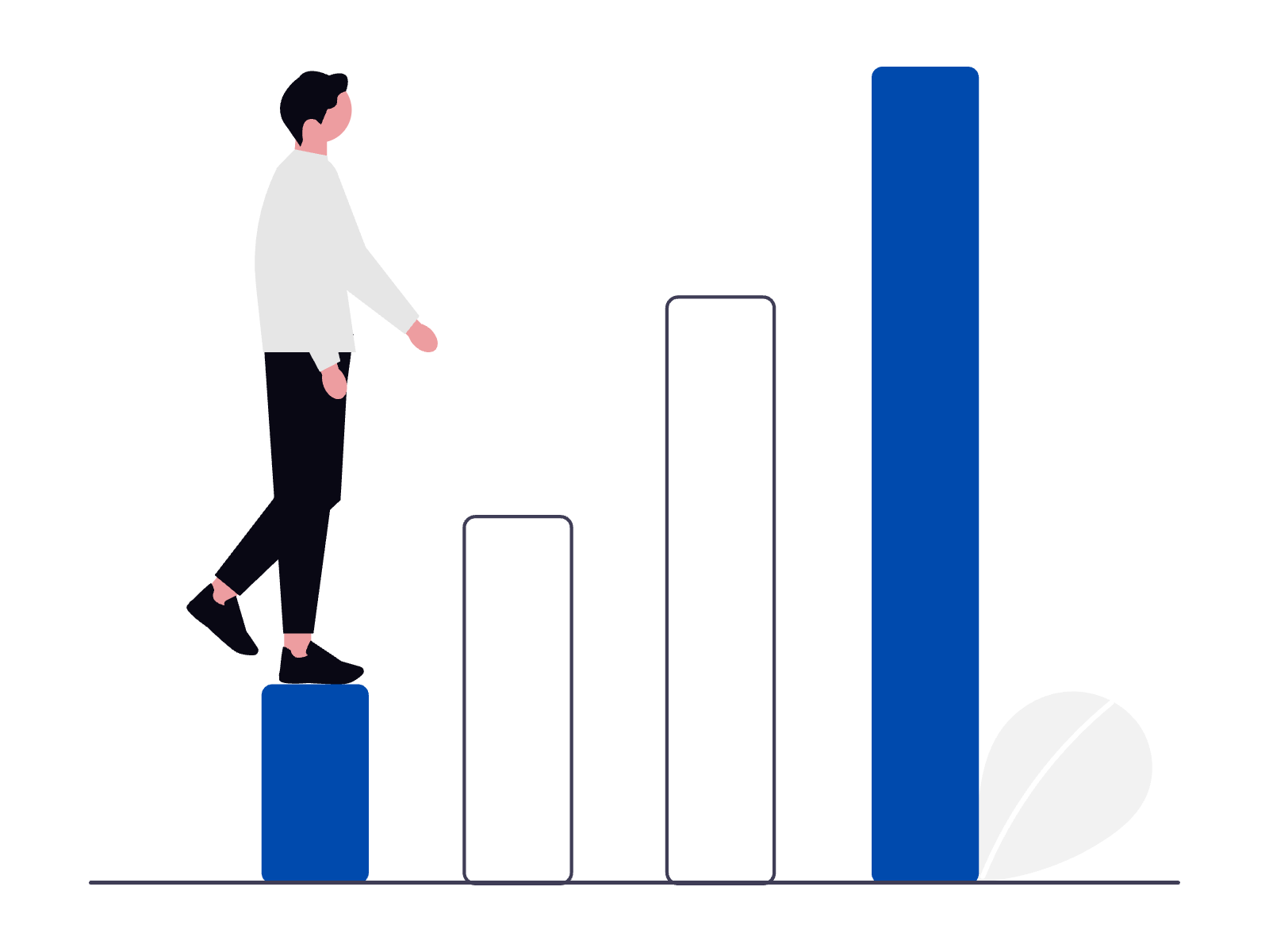 A person dressed in a white shirt and black pants steps onto a blue podium, next to a series of four tall bars of increasing height, with the tallest and rightmost bar colored blue, representing a bar chart.