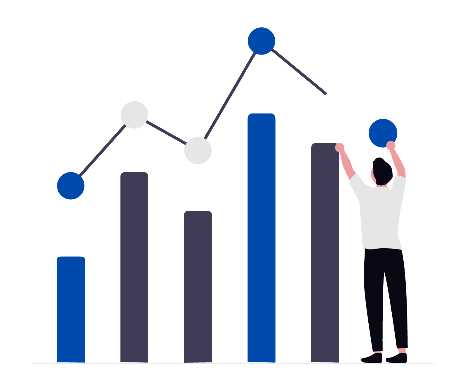 A person with black hair, wearing a white shirt and black pants, is holding two blue circles, one in each hand, in front of a bar and line graph. The graph displays blue, gray, and dark gray bars and a line with blue and gray circles.