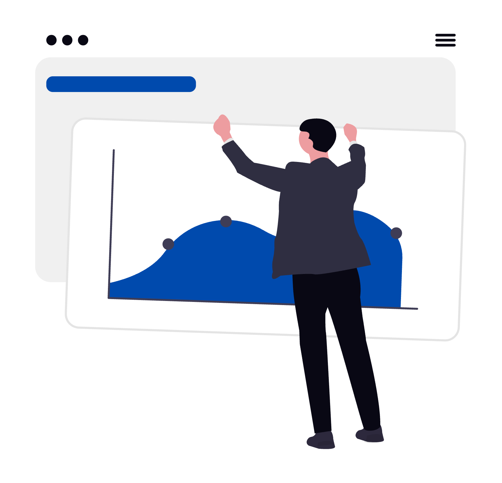 Illustration of a person presenting a graph on a computer screen with a blue line chart.