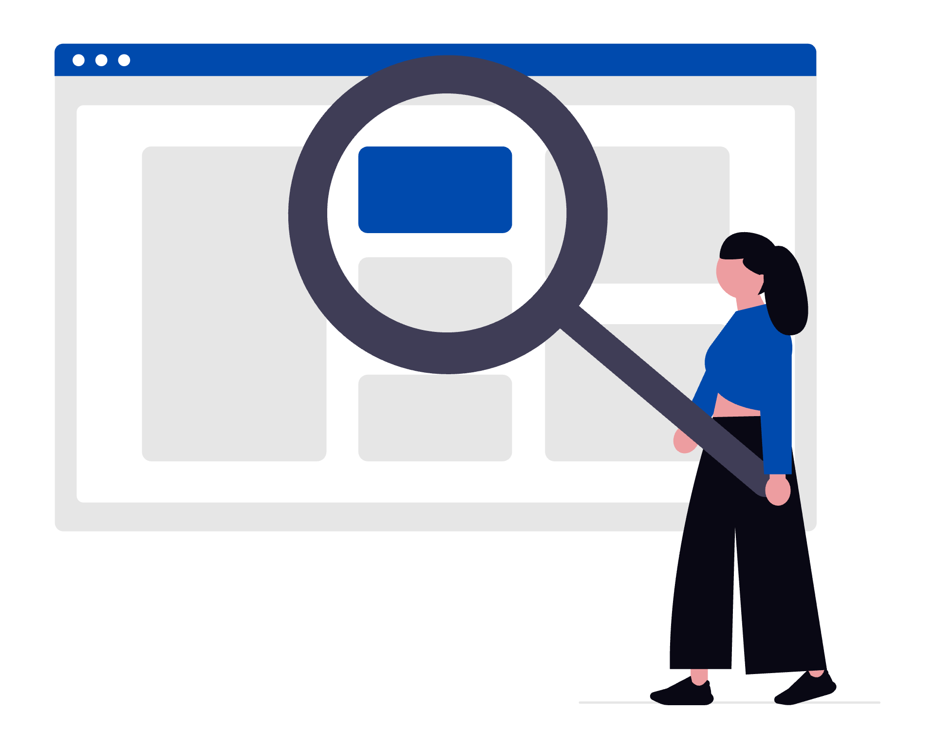 Illustration of a person with long black hair walking past a large computer screen displaying a webpage, with a magnifying glass focusing on a blue square on the page.