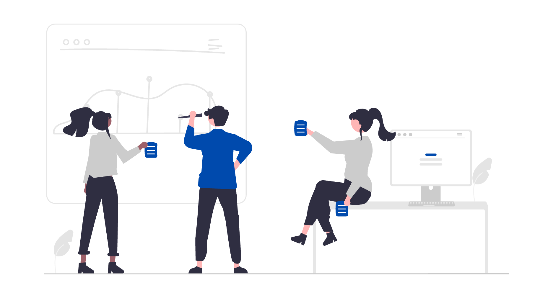 Illustration of three women and one man in an office or coworking space, discussing data on a whiteboard with a line graph. One woman is seated on a desk, holding a cup, another woman stands holding a cup, and the man is pointing at the graph with a pencil while holding a cup.