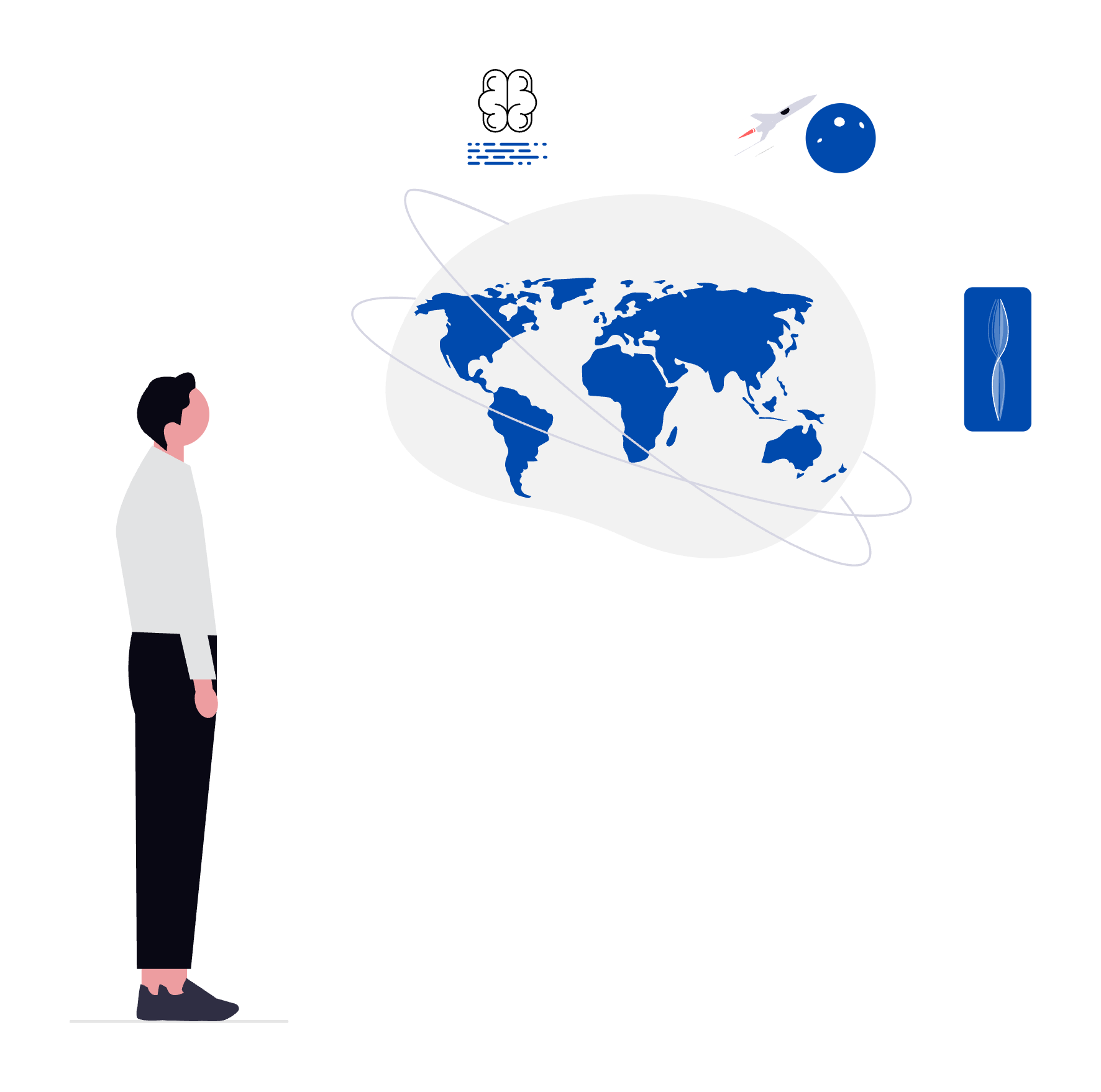 A person with short dark hair and light skin, wearing a white shirt and black pants, looking at a digital illustration of a world map with orbit paths, a rocket, a planet, a cloud, and a DNA strand, suggesting scientific or technological themes.