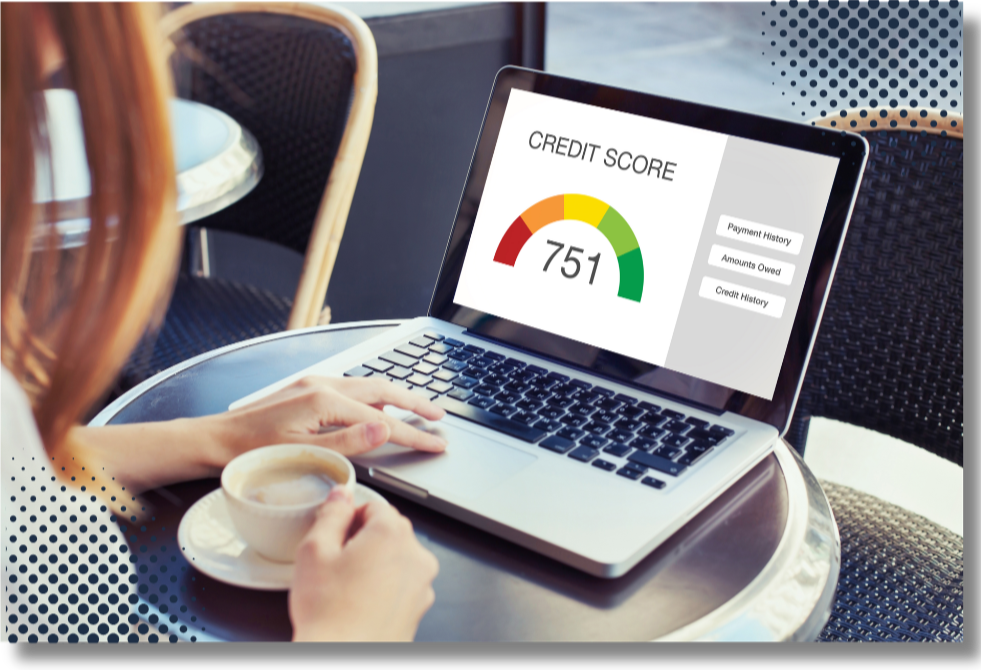 A woman sitting at a cafe table looking at a laptop displaying a credit score of 751, with buttons for payment history, amounts owed, and credit history.
