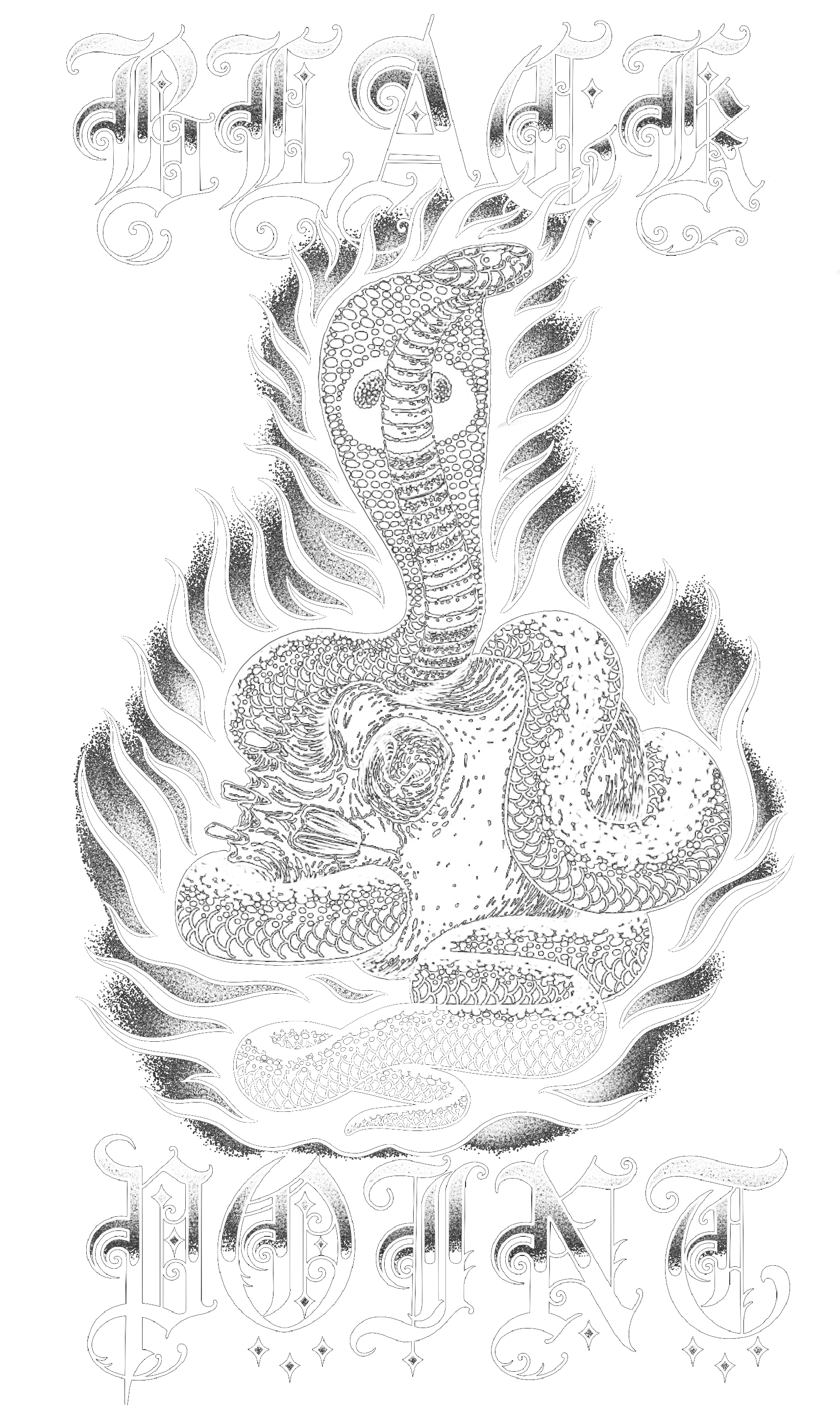 Black and white tattoo-style illustration with detailed snake and decorative text reading "HELL A WALL" at the top and "POSITIVE" at the bottom.