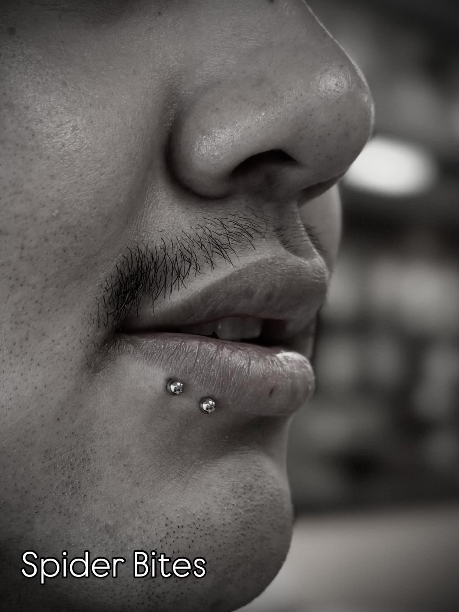 Close-up black and white photo of a person's face, featuring a nose, lips, a small beard, and two pierced silver balls on the lower lip, with the text 'Spider Bites' at the bottom.