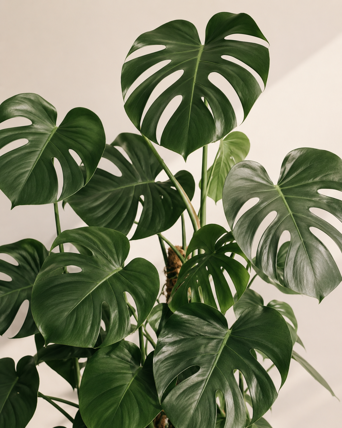 A close-up of a lush Monstera plant with large, glossy, green leaves featuring natural holes and splits, set against a neutral background.