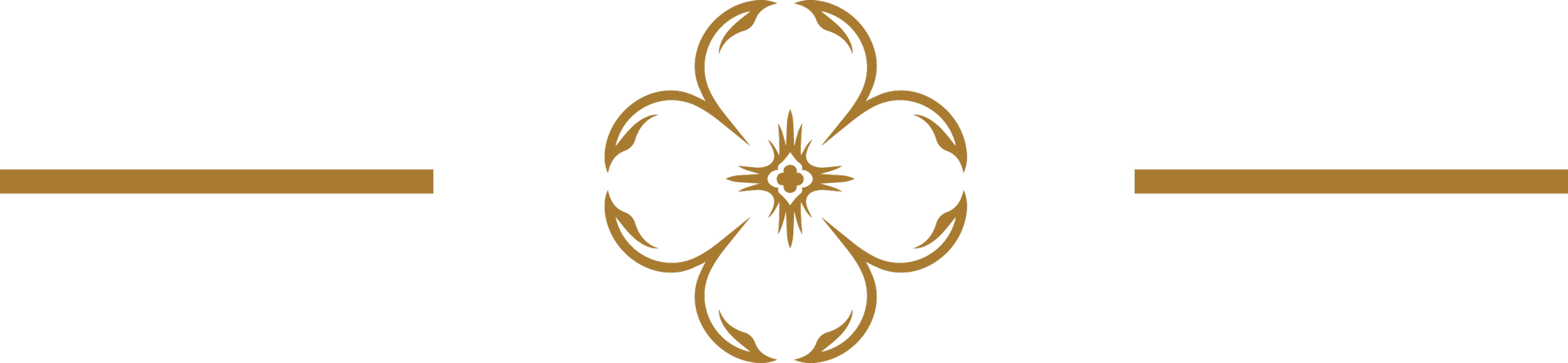 Elegant black and gold decorative logo with a central floral motif and symmetrical line accents on either side.