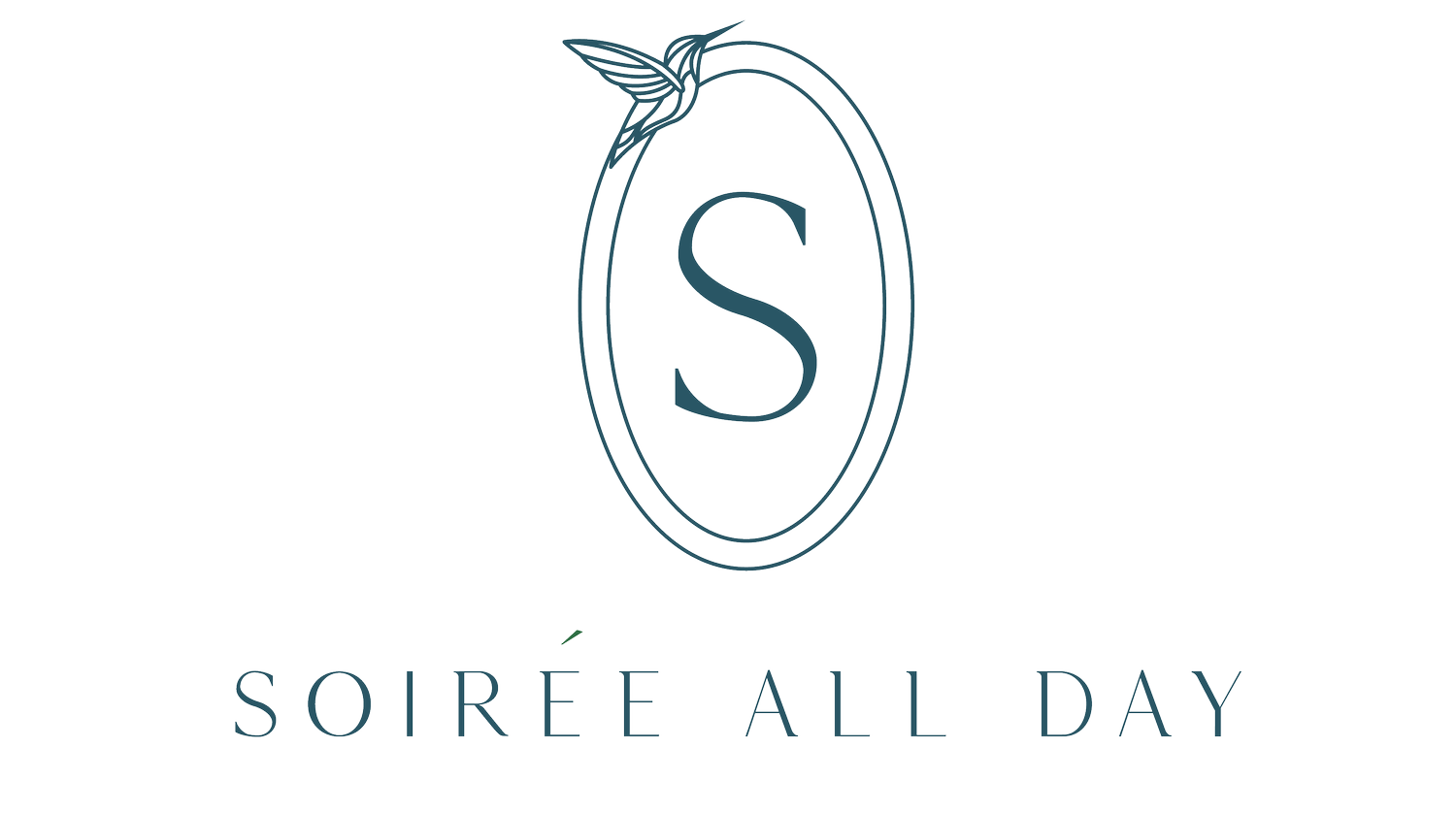 A logo with an oval border, a stylized bird perched on top of the oval, a large letter 'S' inside the oval, and the text 'SOIRÉE ALL DAY' below.