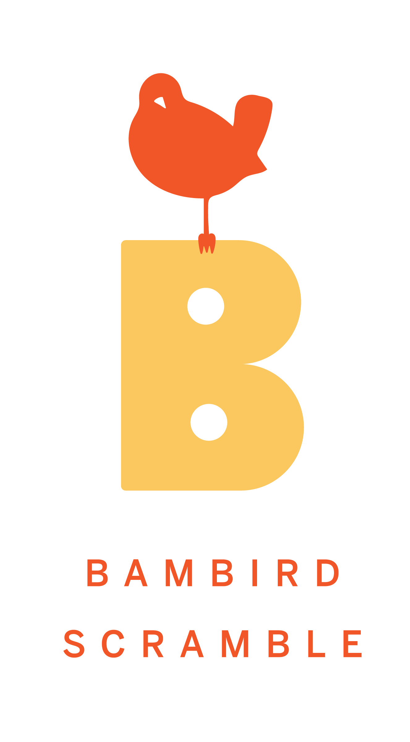 A stylized orange bird perched on a yellow letter B, with the words "Bambird Scramble" in orange text below on a black background.