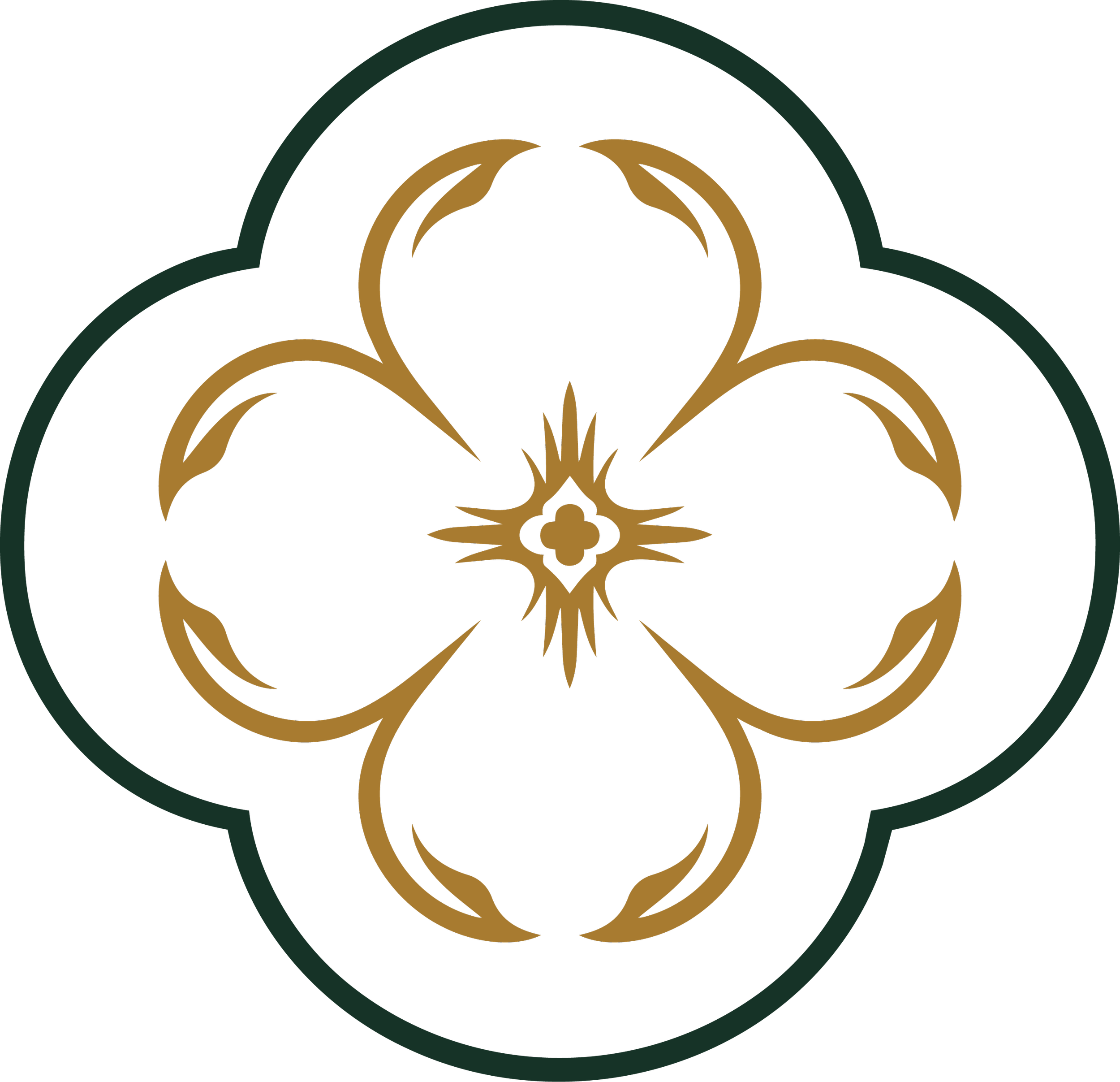 Decorative black and gold floral pattern with green accents.