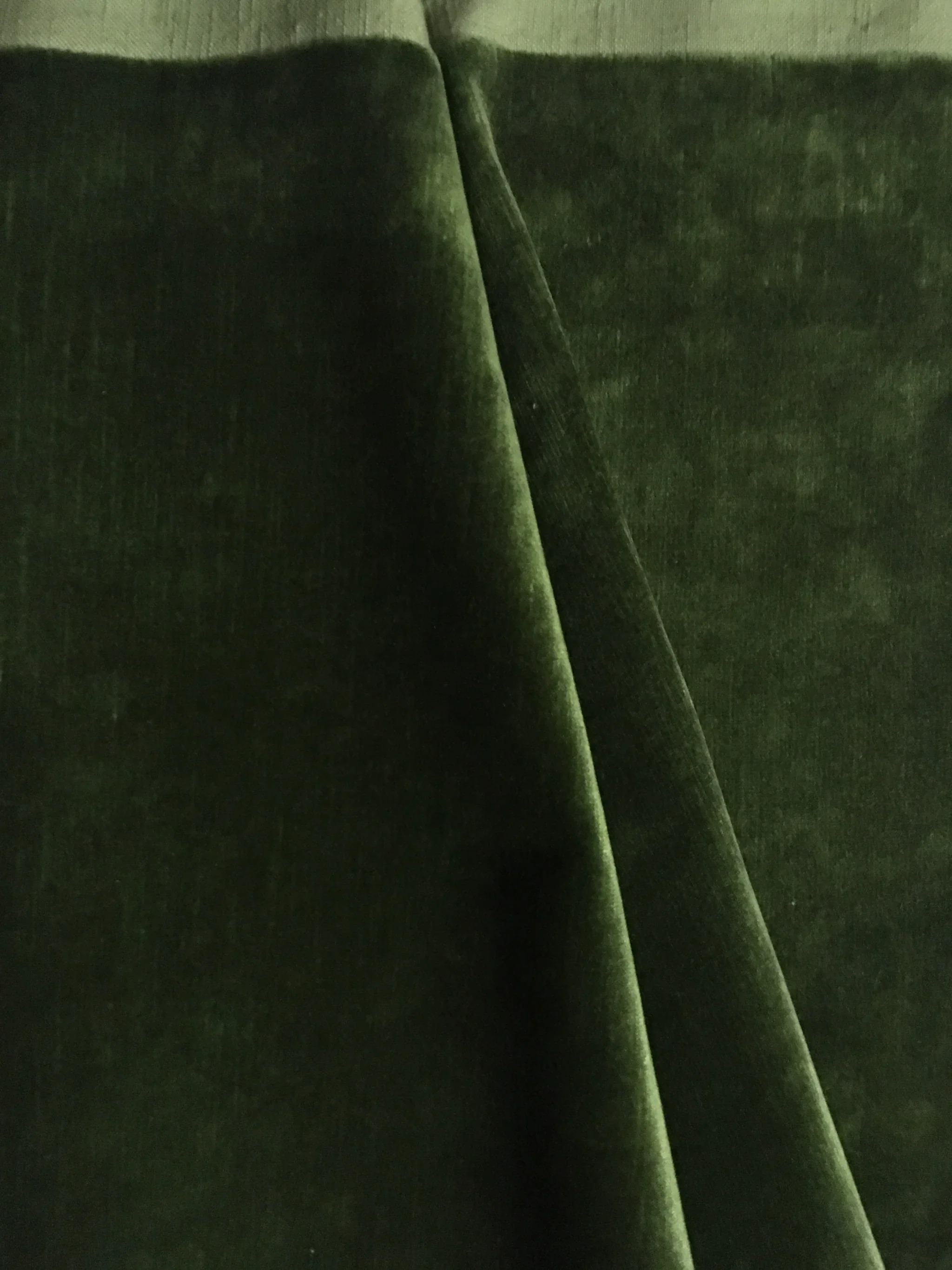 Close-up of dark green velvet fabric with visible seams and folds.