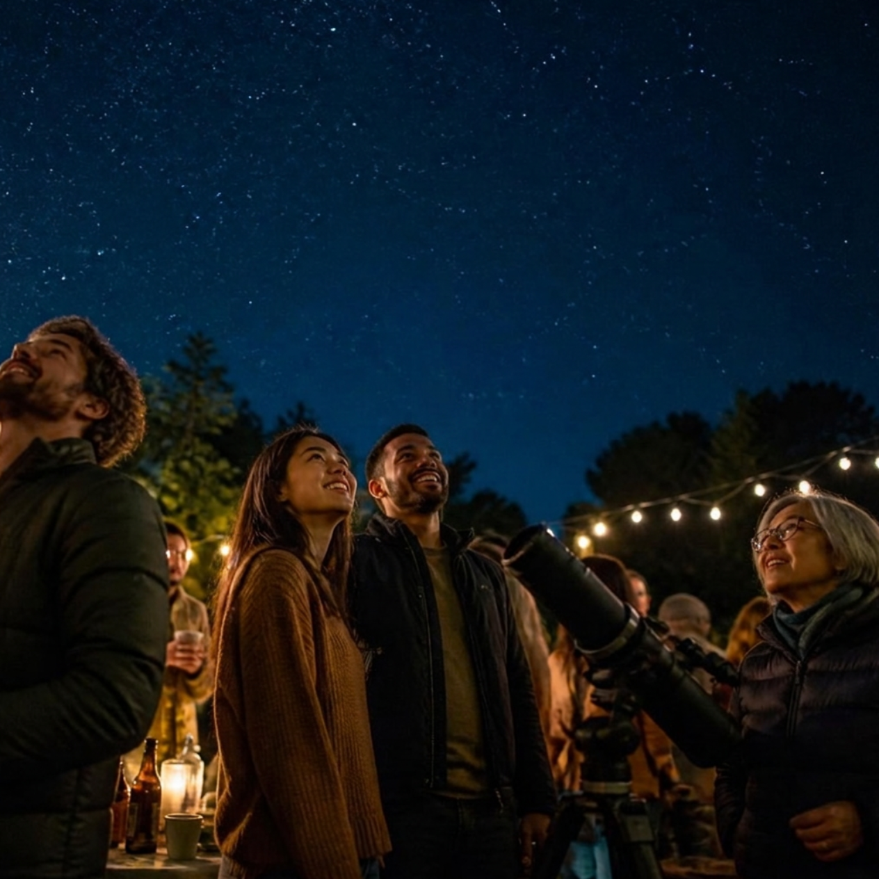 A group of people at an outdoor nighttime gathering, looking up at a starry sky with a telescope set up nearby.