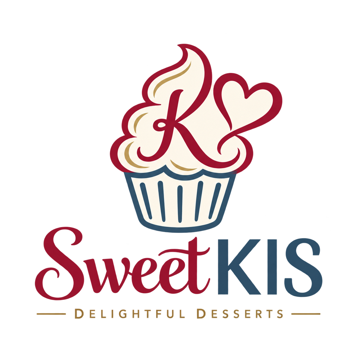 Logo for Sweet KIS, featuring a cupcake with whipped cream and a heart, and text that says 'Sweet KIS' with the tagline 'Delightful Desserts'.