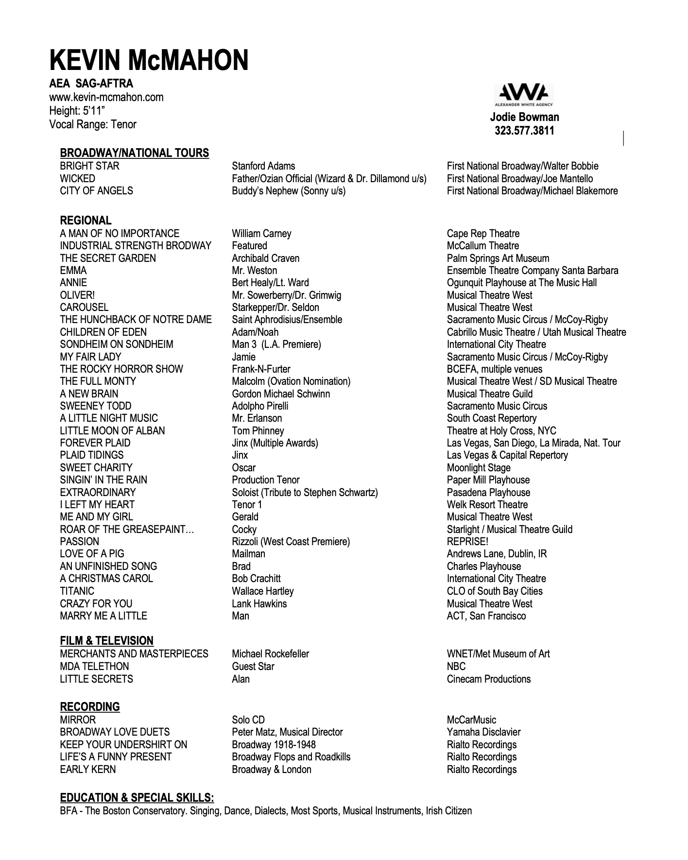 A resume for Kevin McMahon featuring his contact information, theater and film work, TV appearances, and education, with a listing of performances, roles, and accolades.