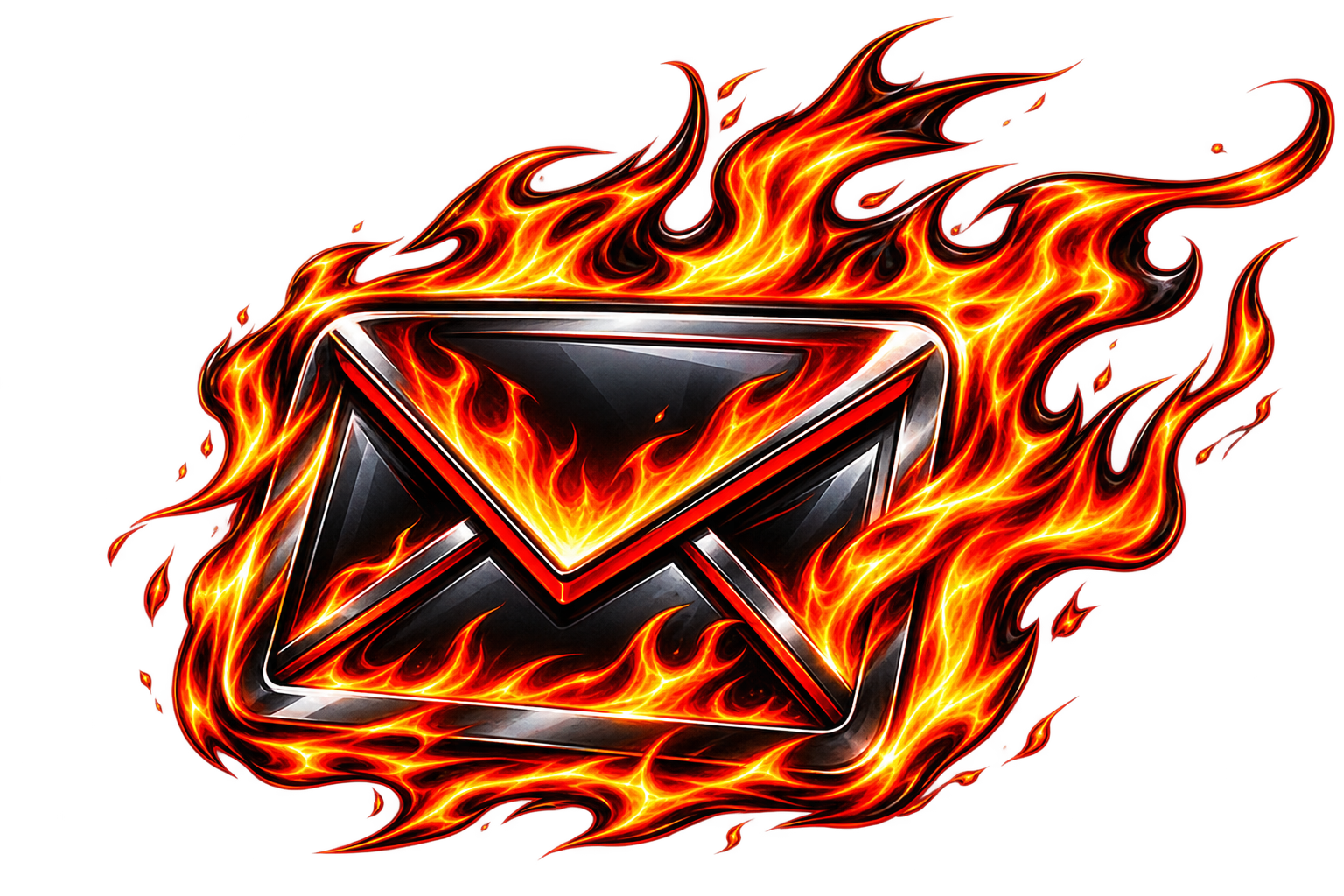 Digital illustration of an envelope surrounded by flames on a black background.