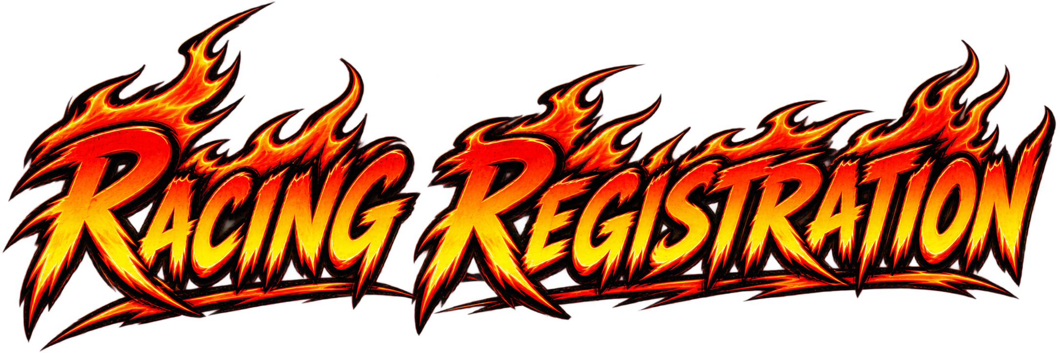 Fiery text reading 'Racing Registration' with flames in red, orange, and yellow on a black background.